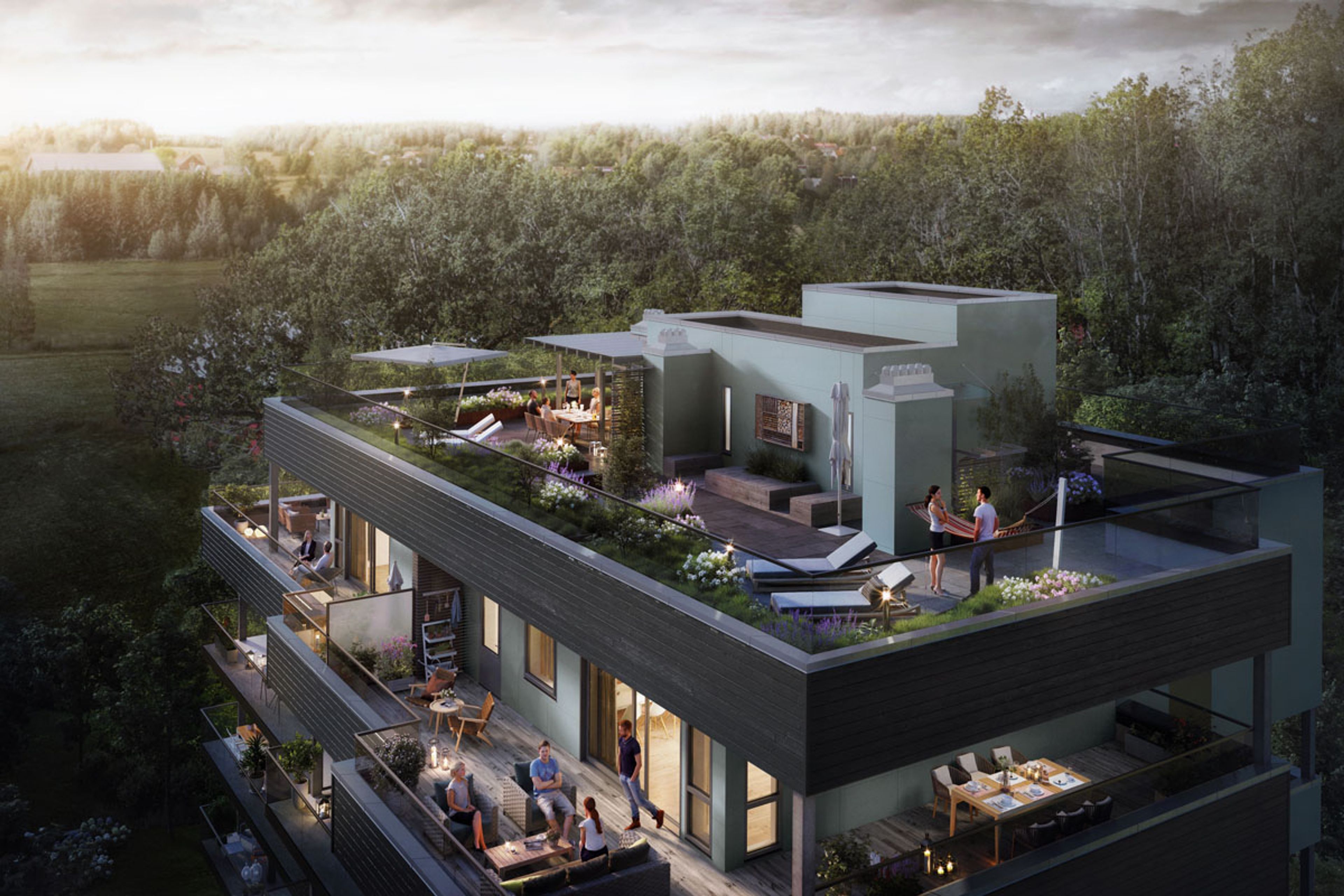 Illustrasjon av takterrasse om ettermiddagen, Blokk 25
