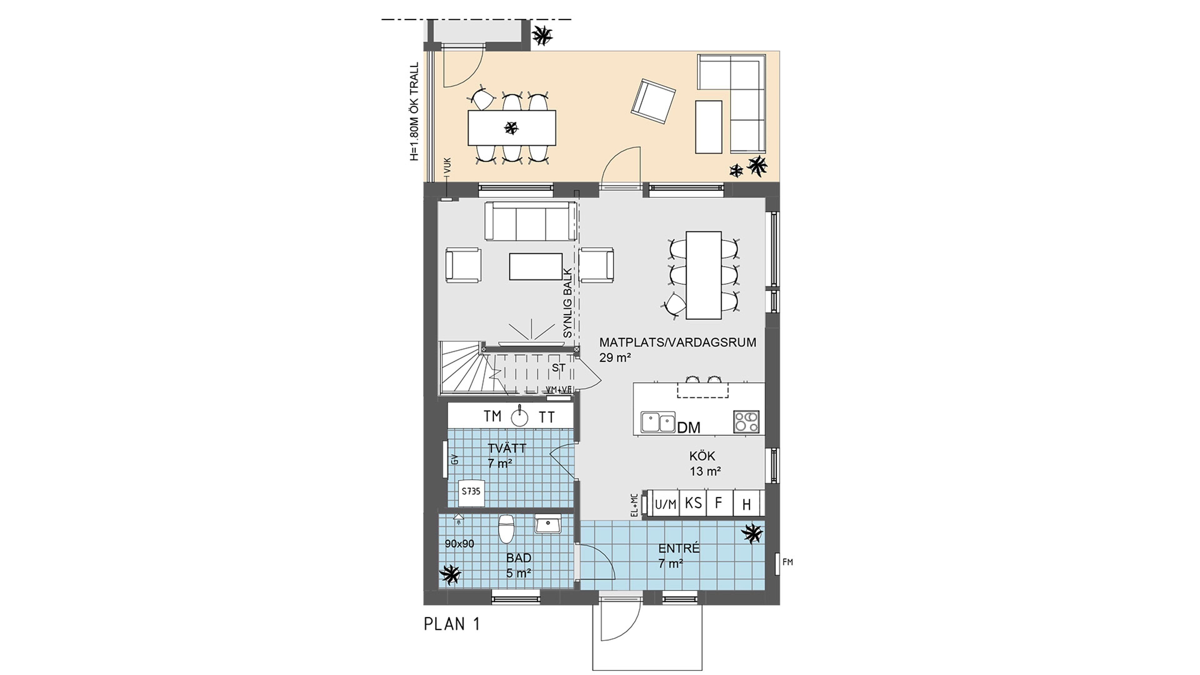 Planlösning bottenvåning i hus 02, 06, 08, 10, 13, 15, 17 och 19