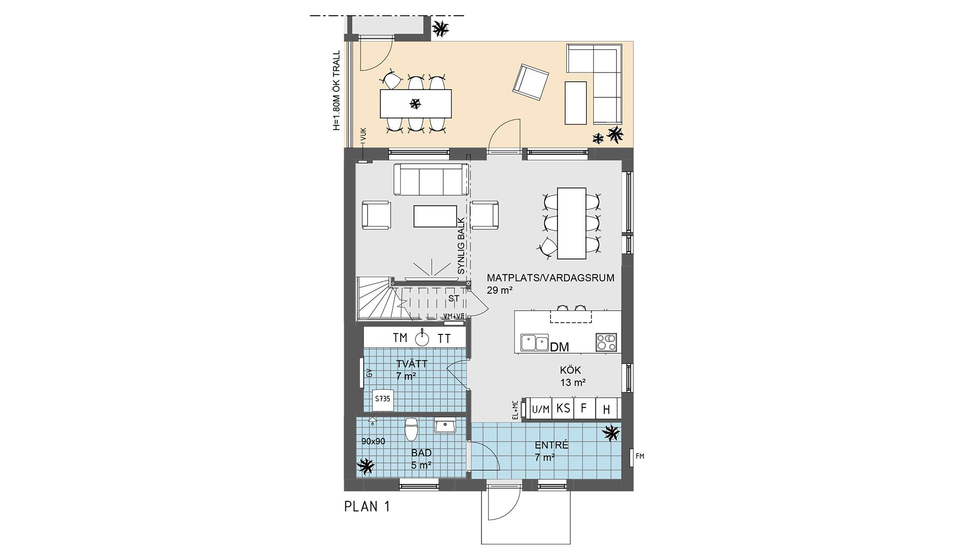 Planlösning bottenvåning i hus 02, 06, 08, 10, 13, 15, 17 och 19