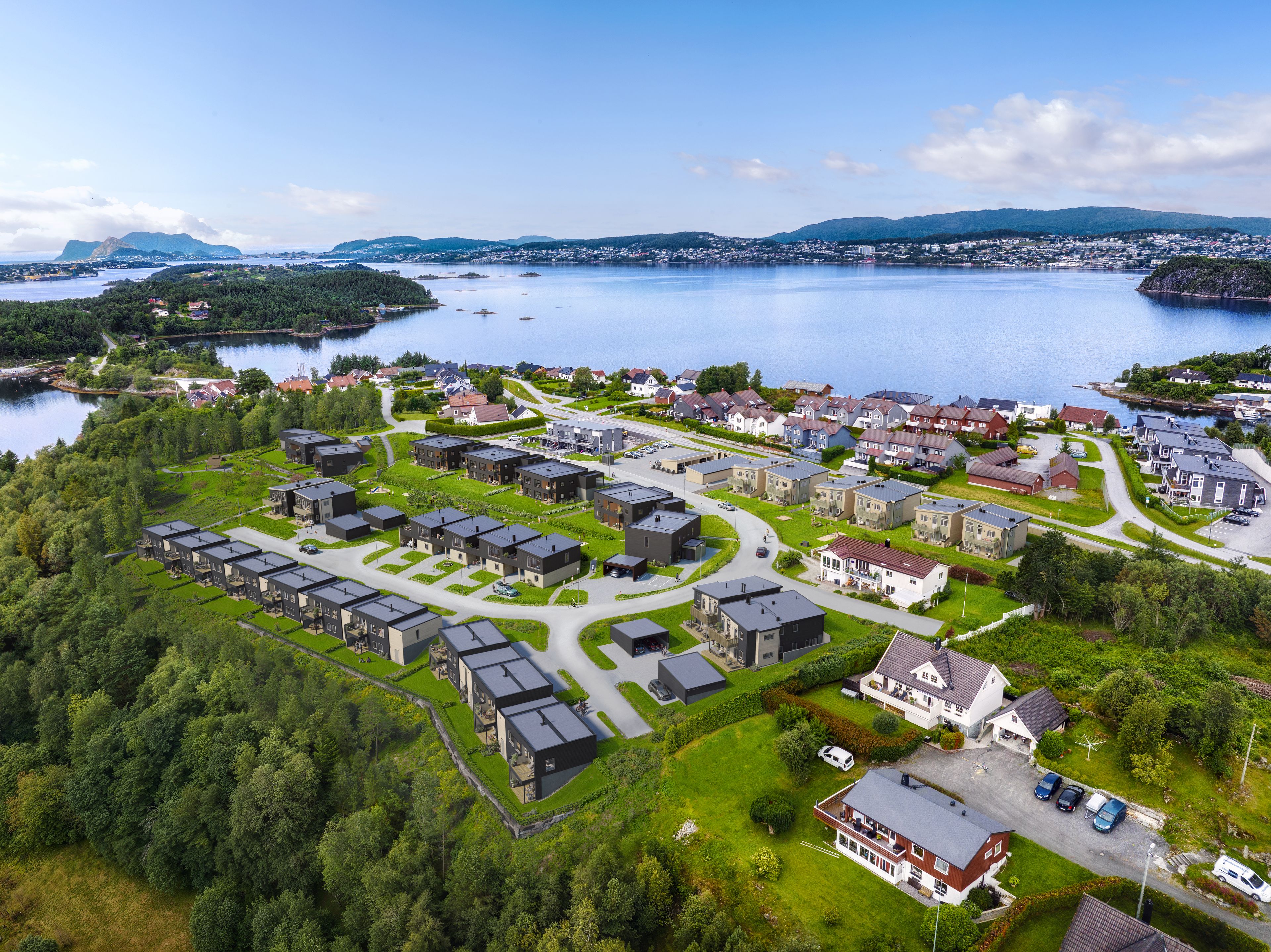 Oversiktsillustrasjon av Lundheim Hage, nærområdet og fjorden.