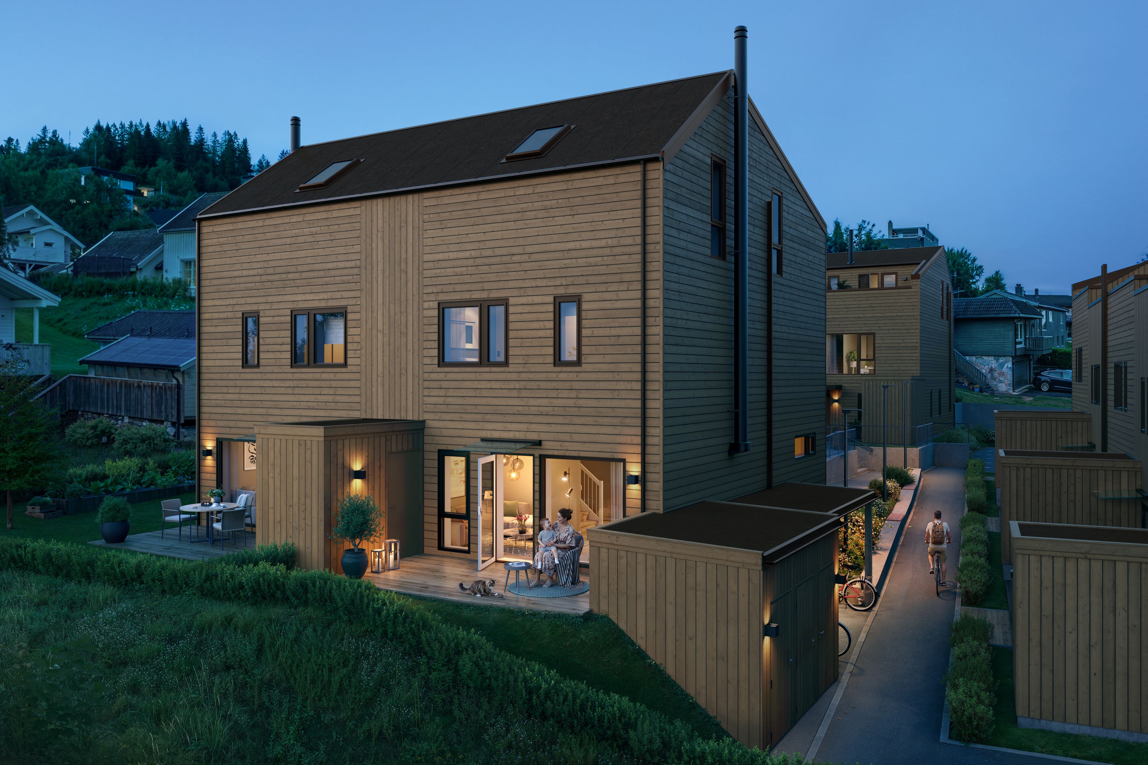 Illustrasjon av fasade på tomannsbolig, hus 3, på Munkvolltunet.