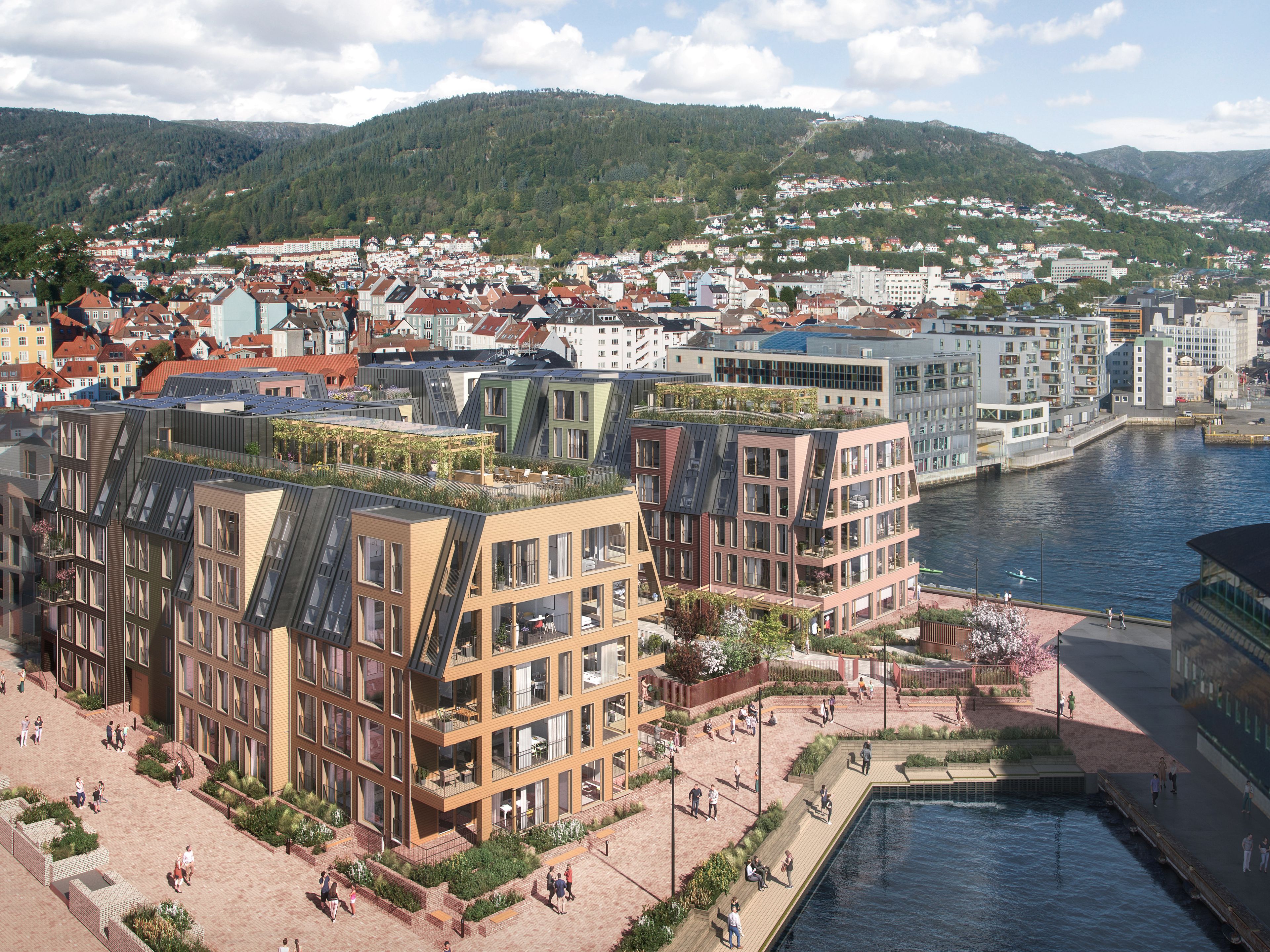 Illustrasjon av fasade på leilighetsbygg på Nøstebukten brygge, sett mot Bergen sentrum