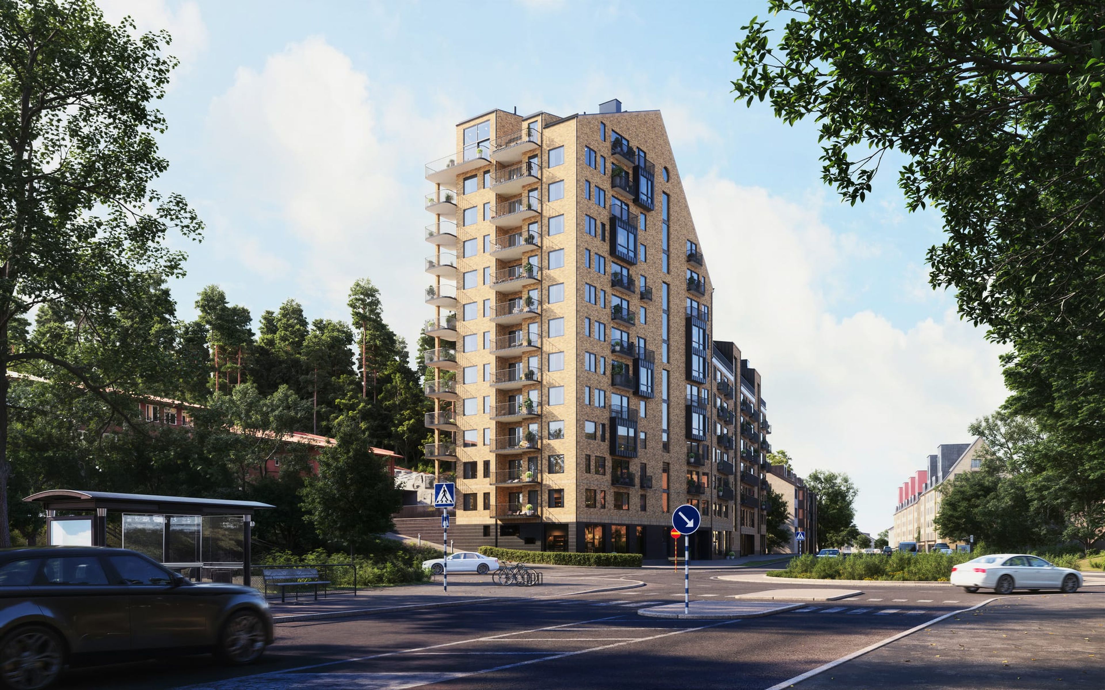 Vy från gatan mot bostäderna