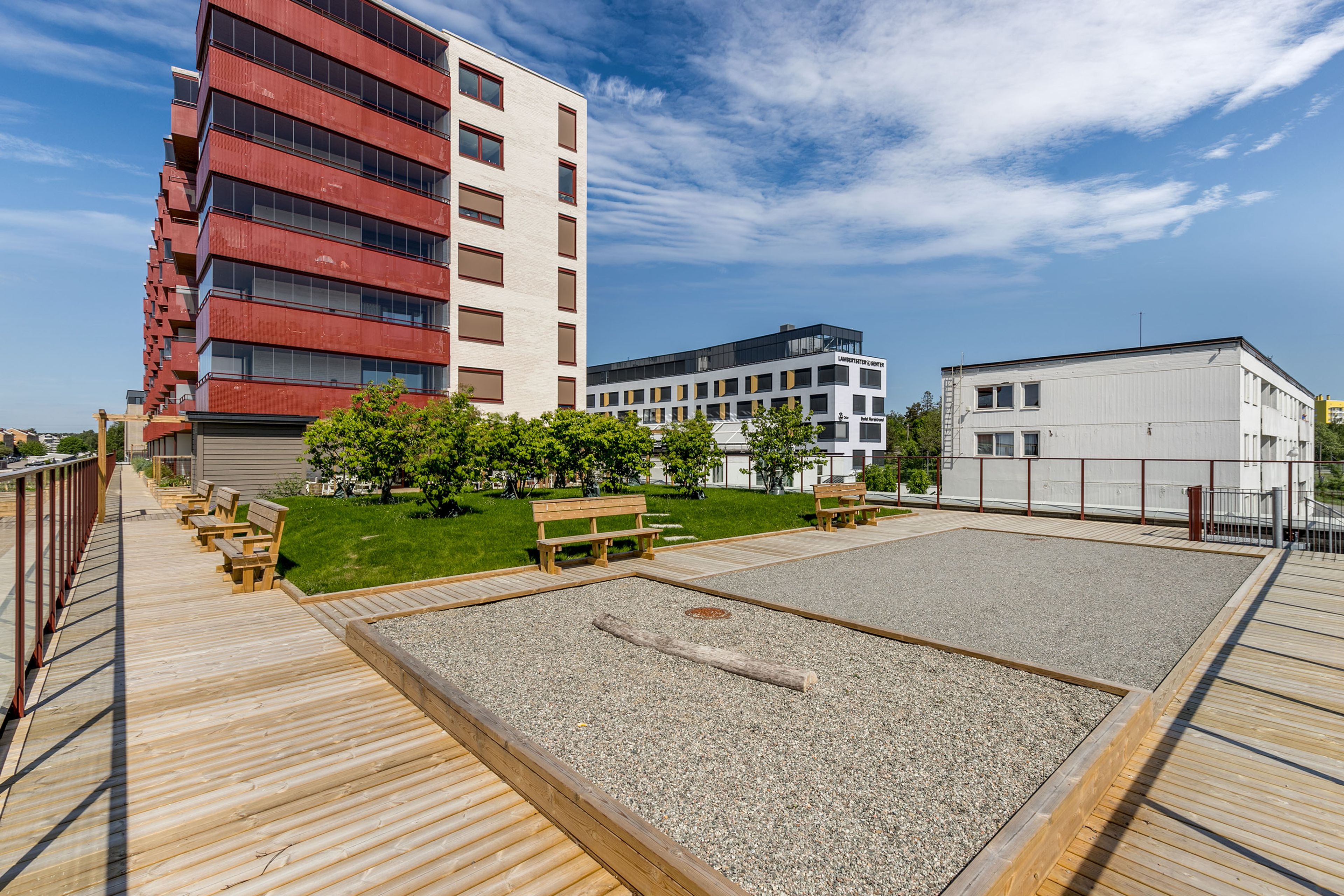 Felles takterrasse. Det er en gressplen, trær, grus, benker og pergola. Rundt takterrassen går det en gangvei med platting.
