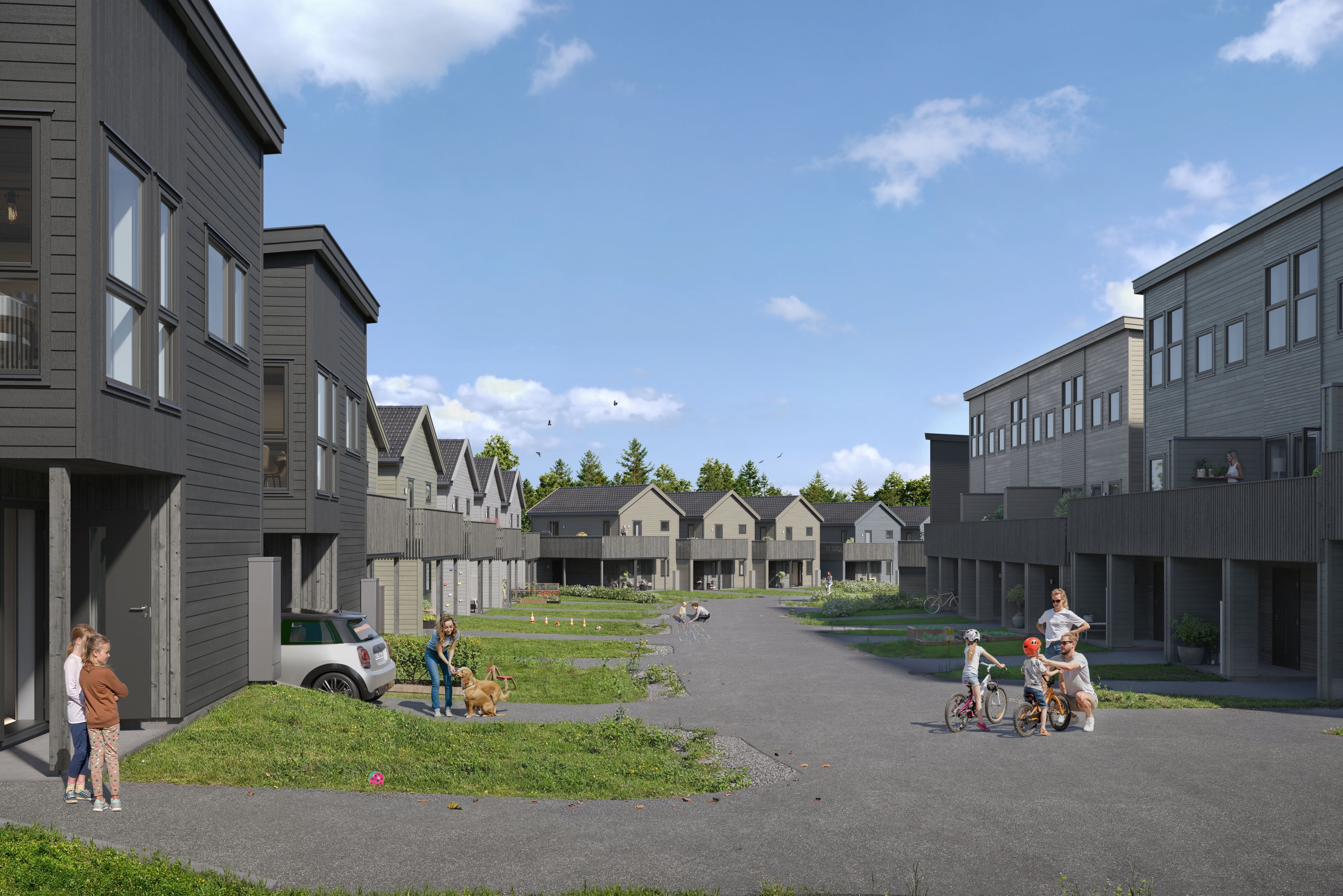 Illustrasjon av boligområde i boligprosjektet Jessheim Sørøst, sett fra gaten
