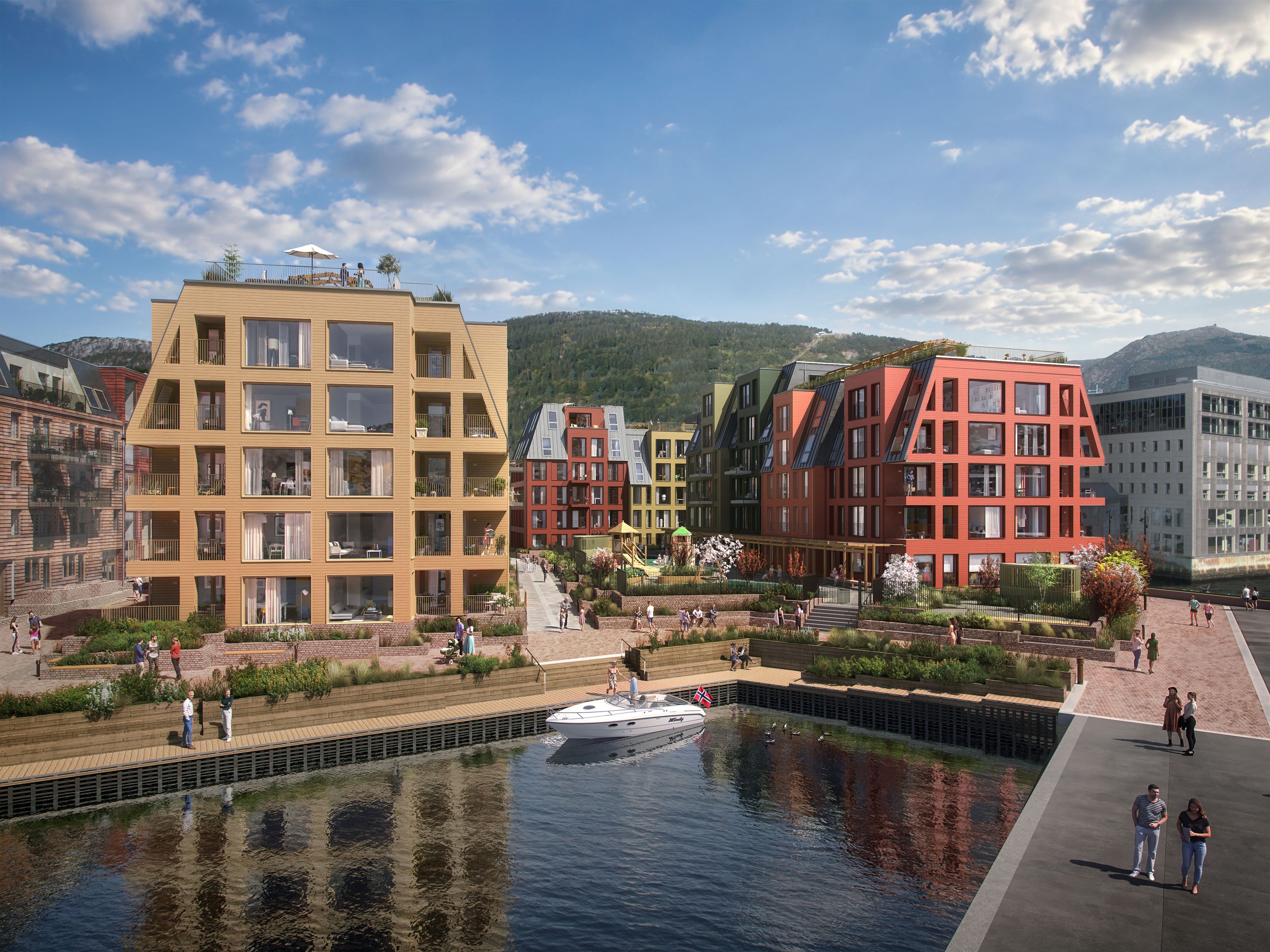 Illustrasjon av fasade på leilighetsbyggene på Nøstebukten brygge
