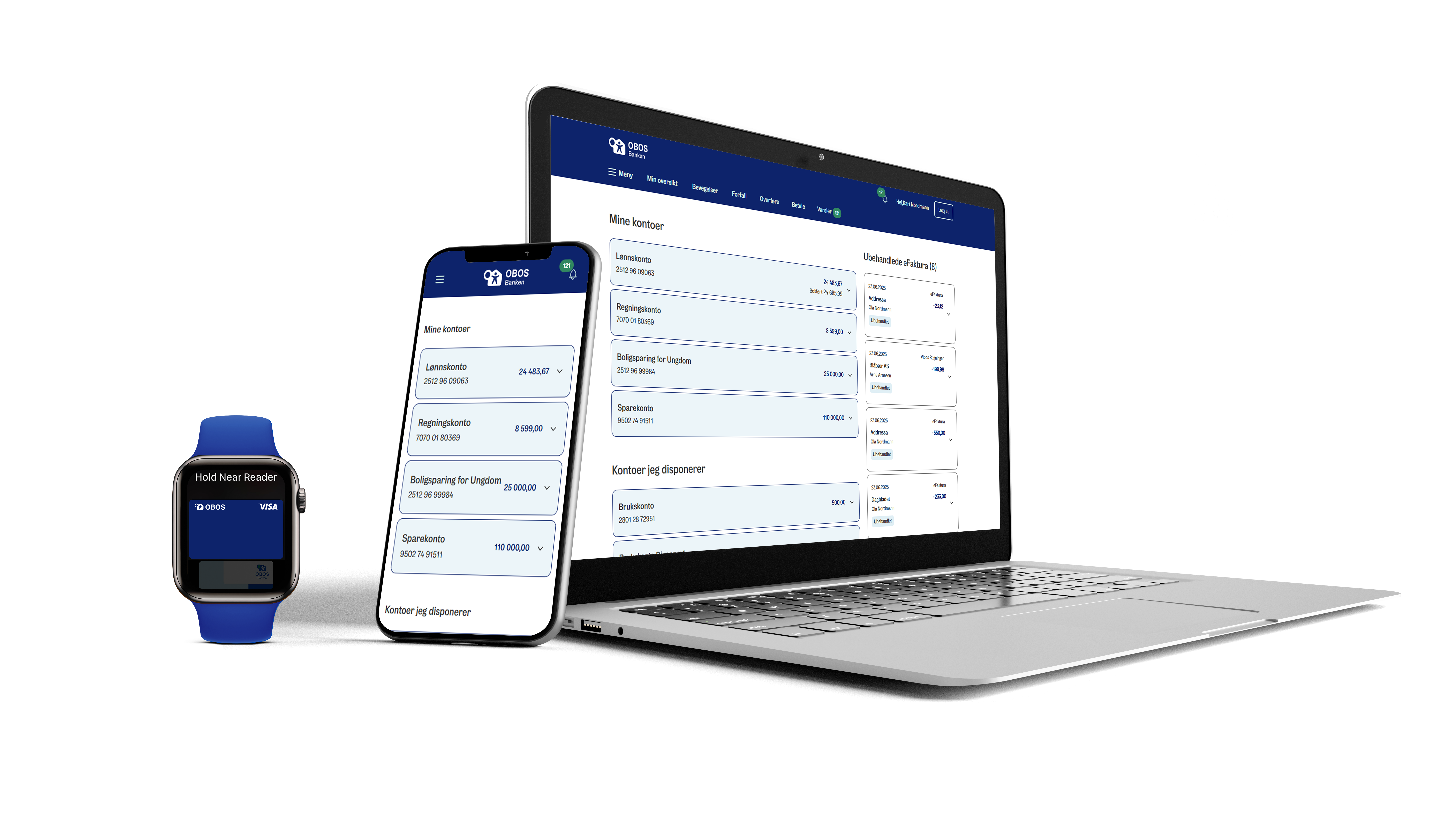 Smartklokke, mobiltelefon og datamaskin, alle tre med skjermbilder som viser en innlogget versjon av OBOS-bankens nettbank