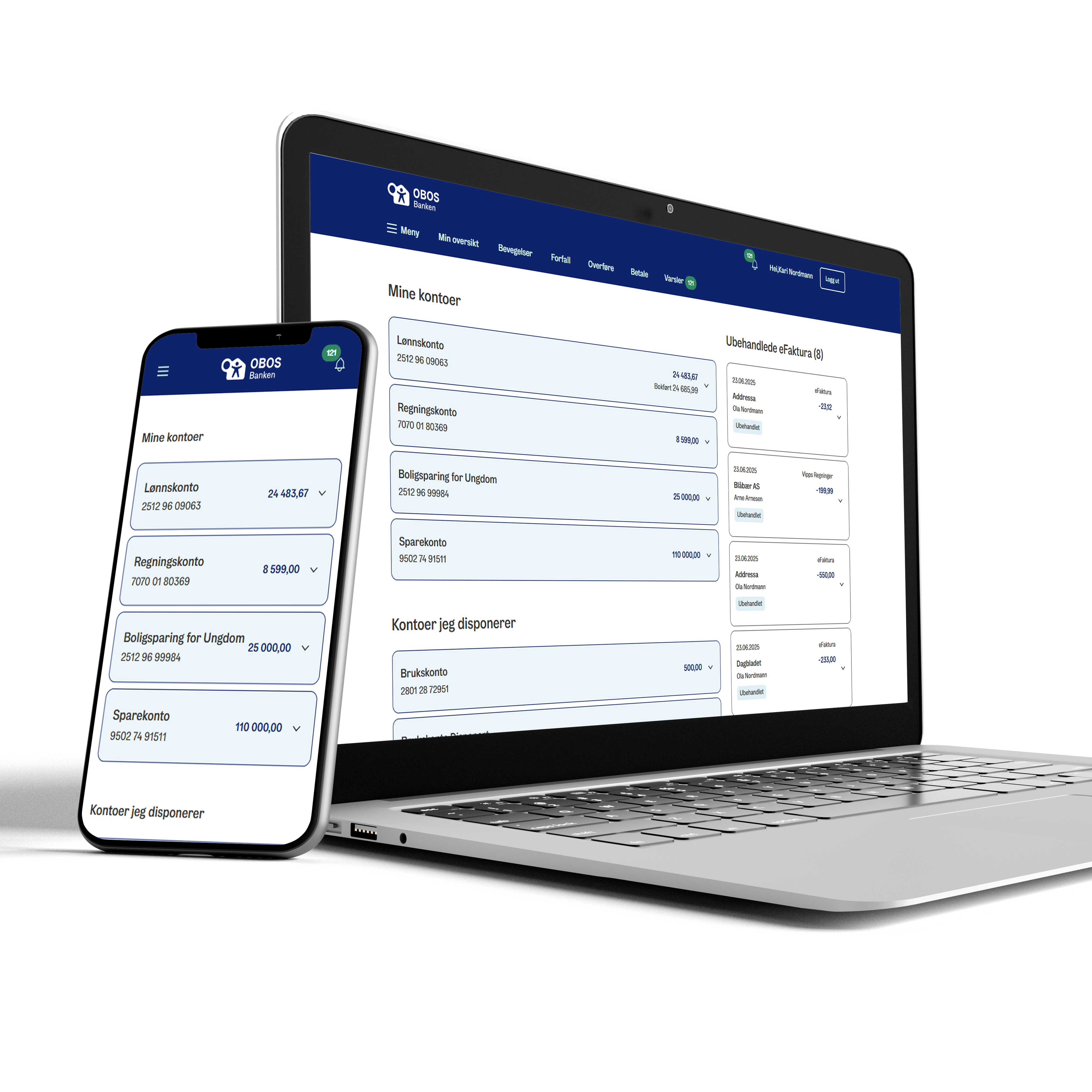 Smartklokke, mobiltelefon og datamaskin, alle tre med skjermbilder som viser en innlogget versjon av OBOS-bankens nettbank
