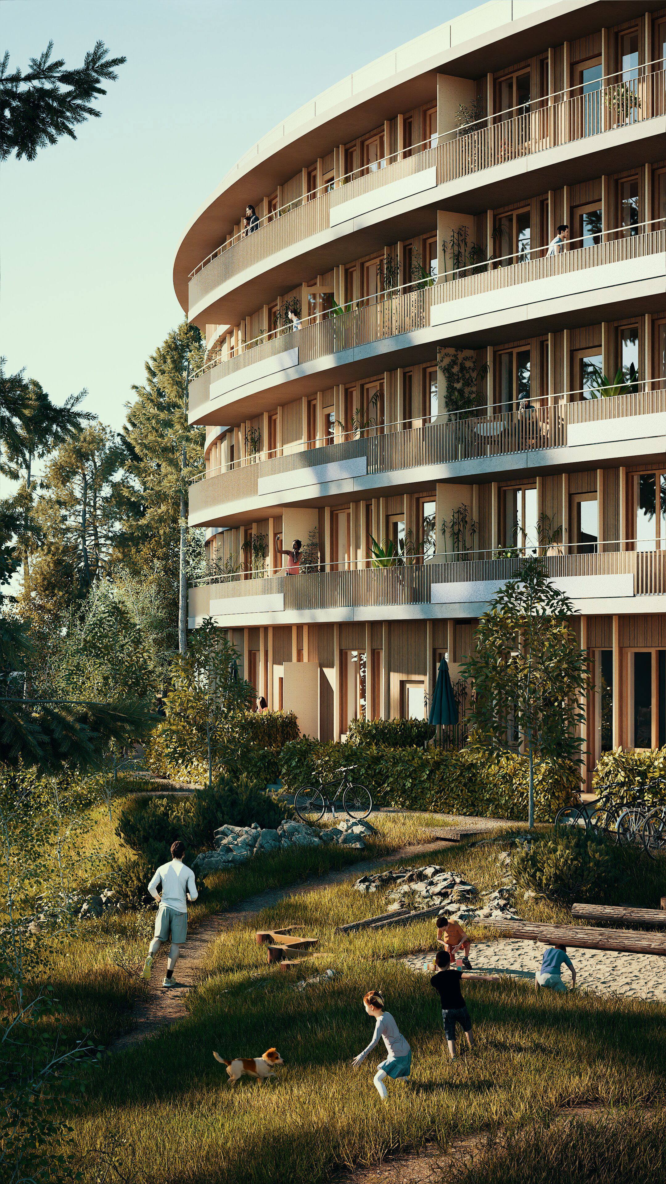 Illustrasjon av barn som leker i frodige uteområder ved Oen.