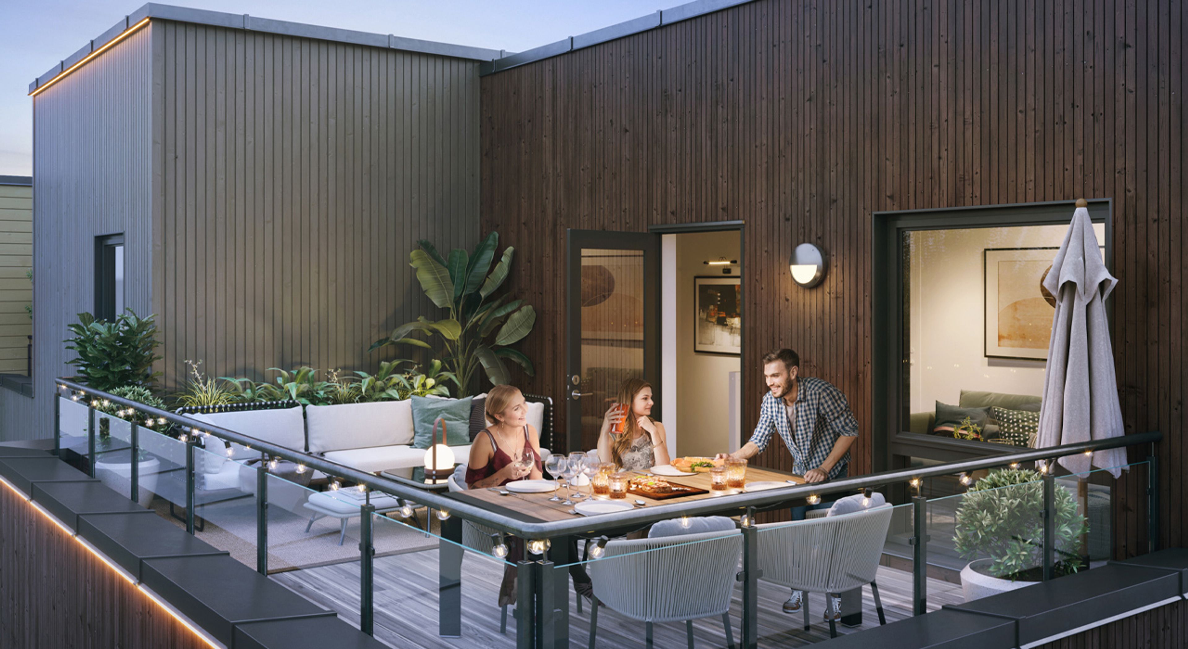 Illustrasjon av takterrasse i rekkehus 5.7 på Lysløypa.