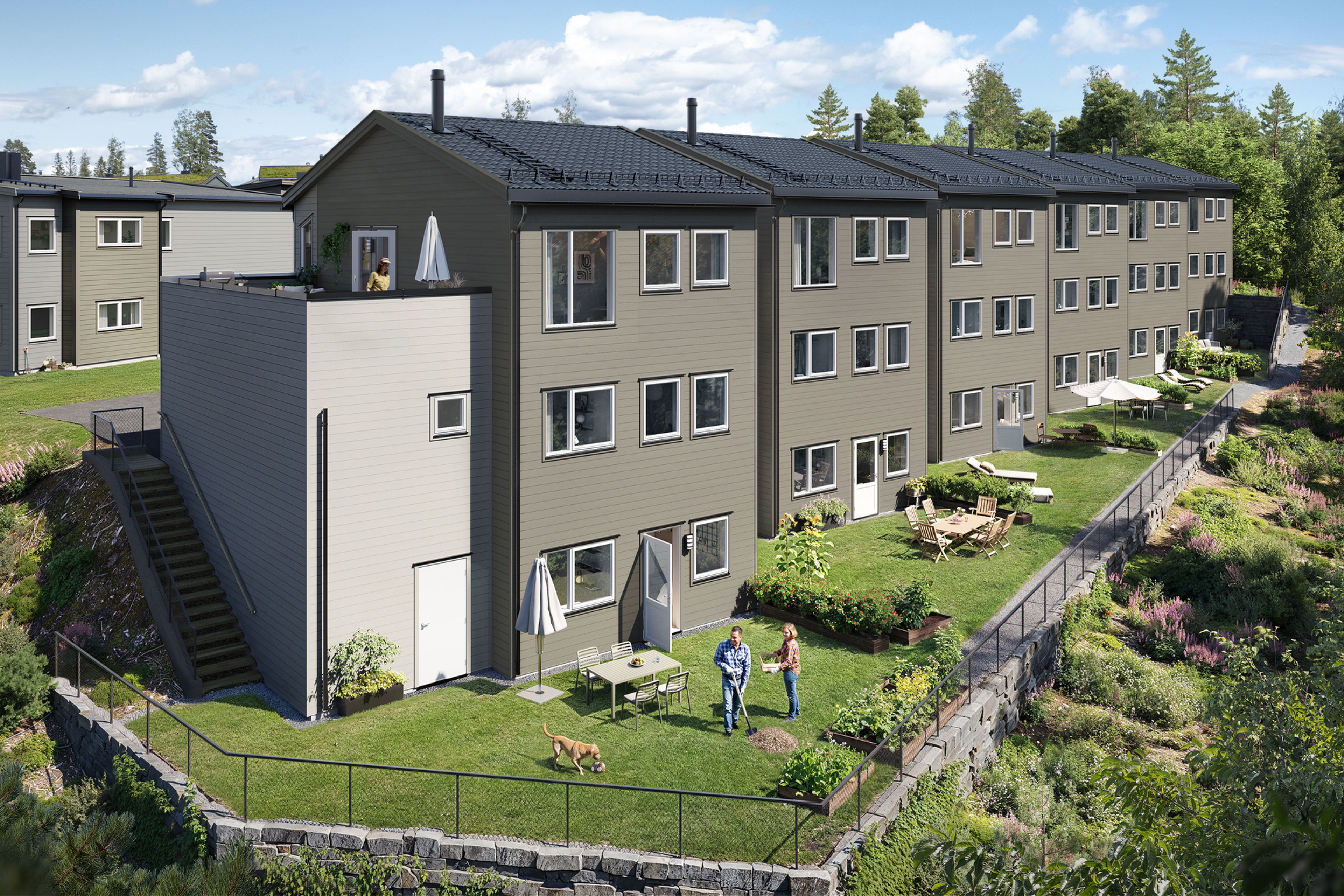 Illustrasjon av hagesiden av eneboliger i kjede på Eltonåsen Syd