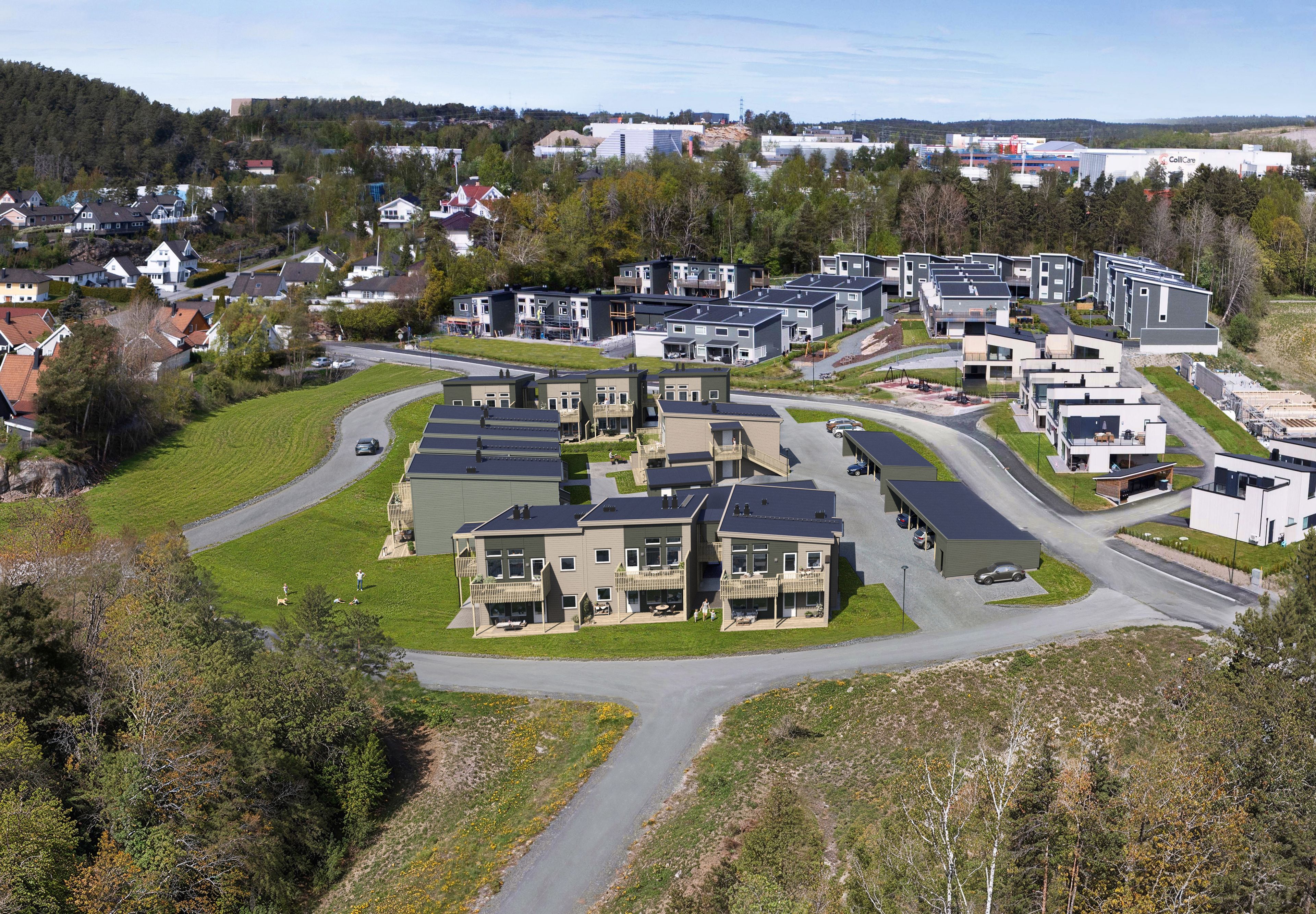 Oversiktsillustrasjon av boligfeltet på Thorbjørnsrød, sett fra sørøst.