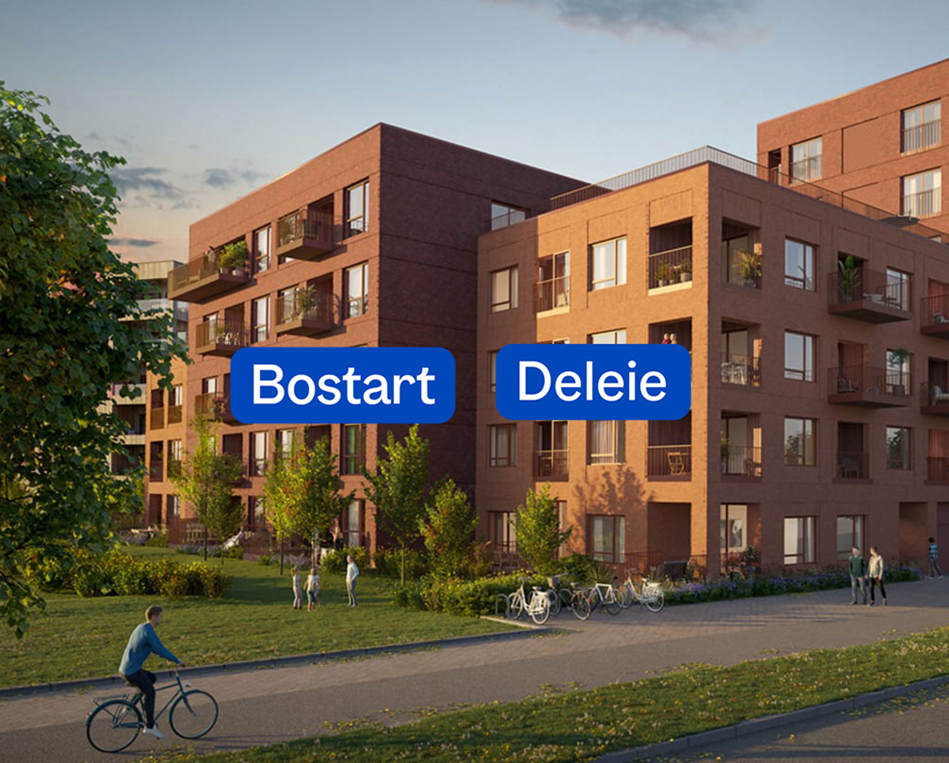 Illustrasjon av et OBOS nybygg med logo til OBOS kjøpskonsept Deleie og Bostart.