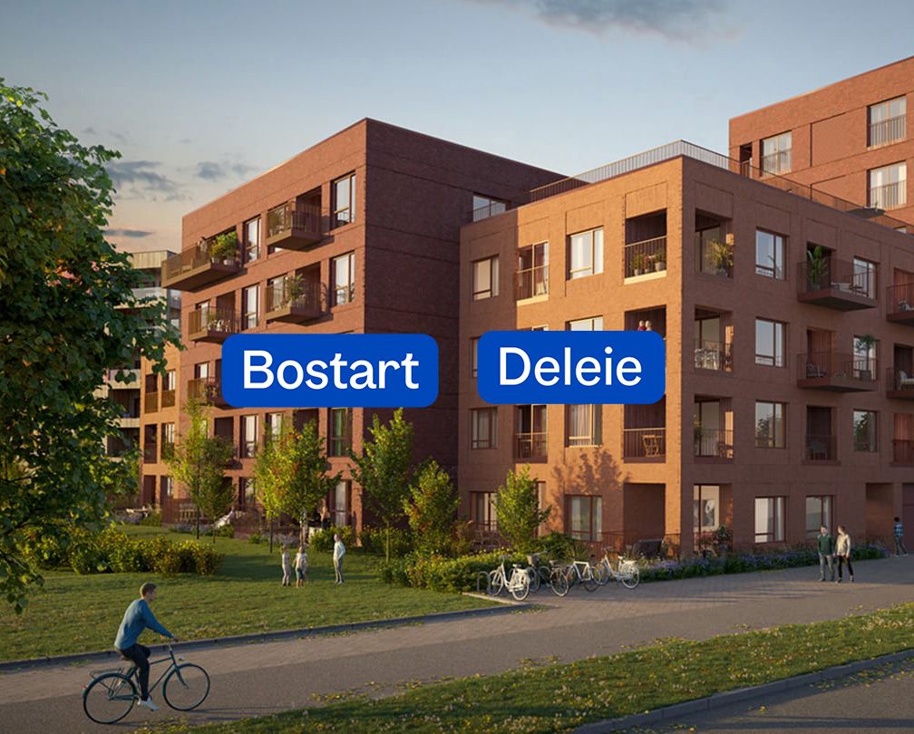 Illustrasjon av et OBOS nybygg med logo til OBOS kjøpskonsept Deleie og Bostart.