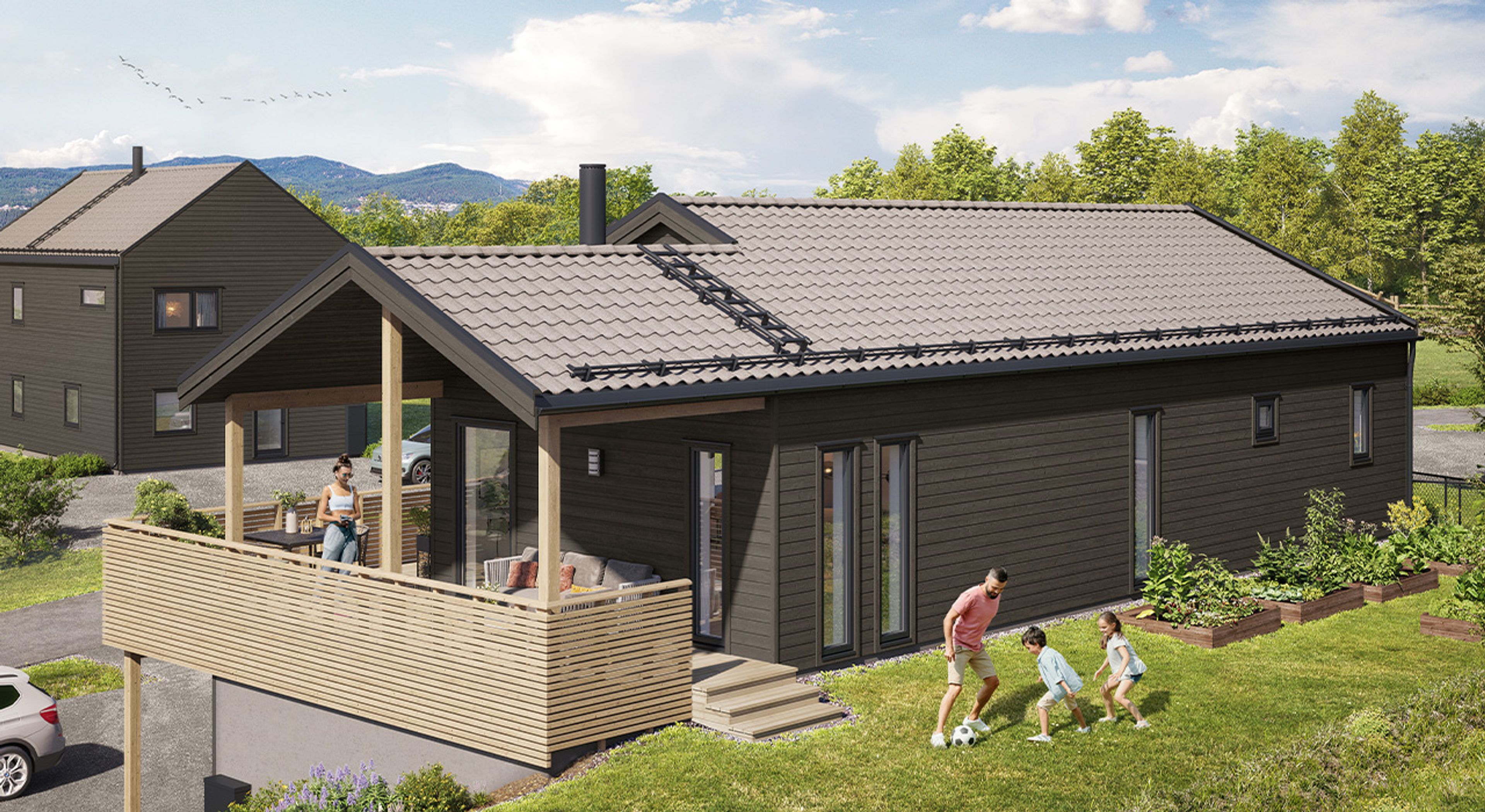 Ilustrasjonsbilde av familie som leker i hagen i forkant av huset med balkong.