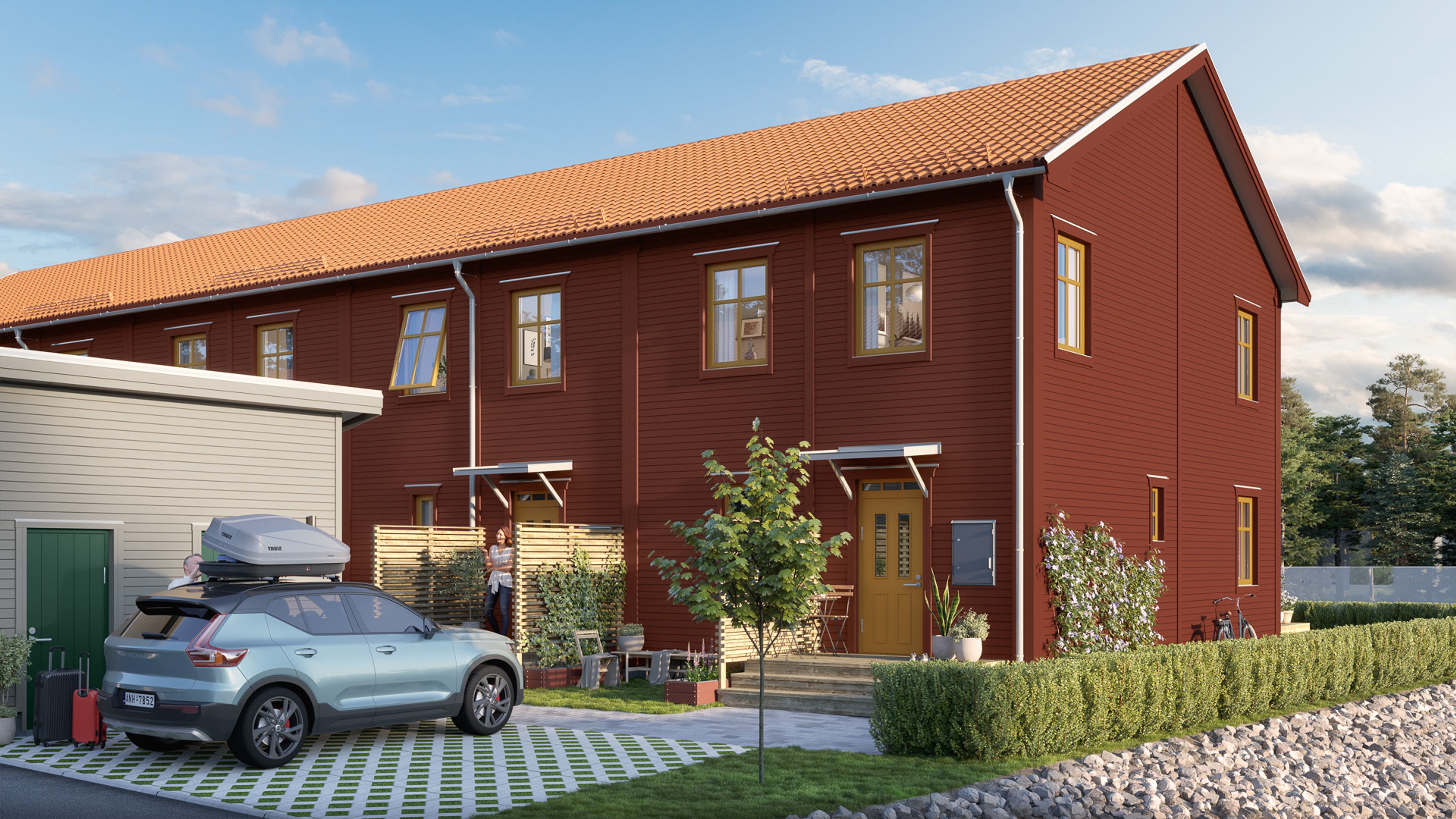 Illustration av radhuslänga med röd träfasad och en uppfart med parkering till bilar