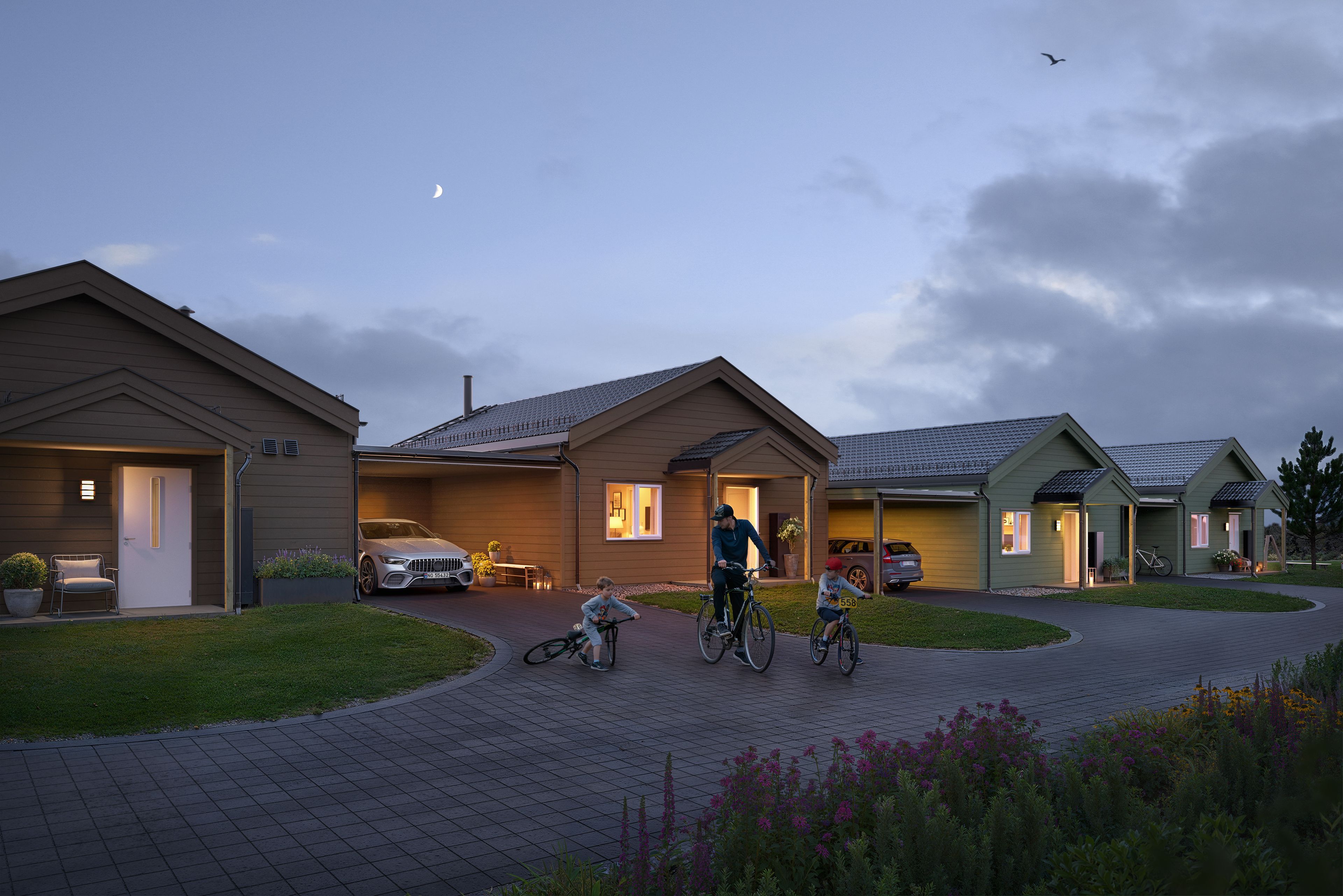 Illustrasjon av eneboliger, hus 6-12, på Henckeltunet Park, sett fra inngangsside