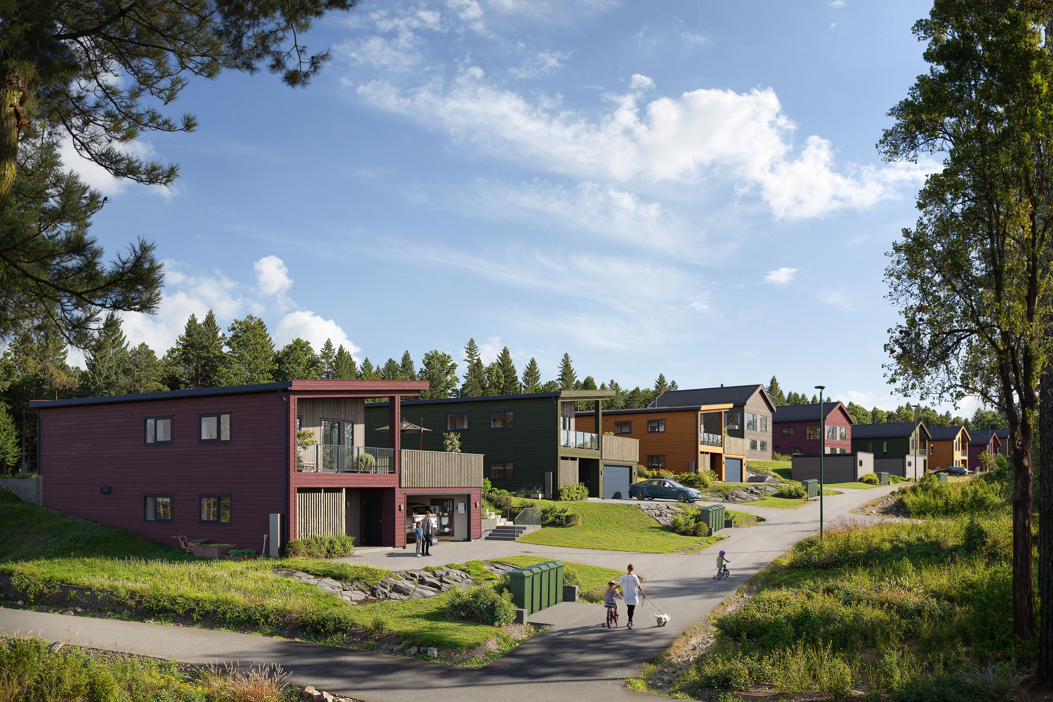 Illustrasjon av frittliggende eneboliger i koselig gate, Strømnesåsen.