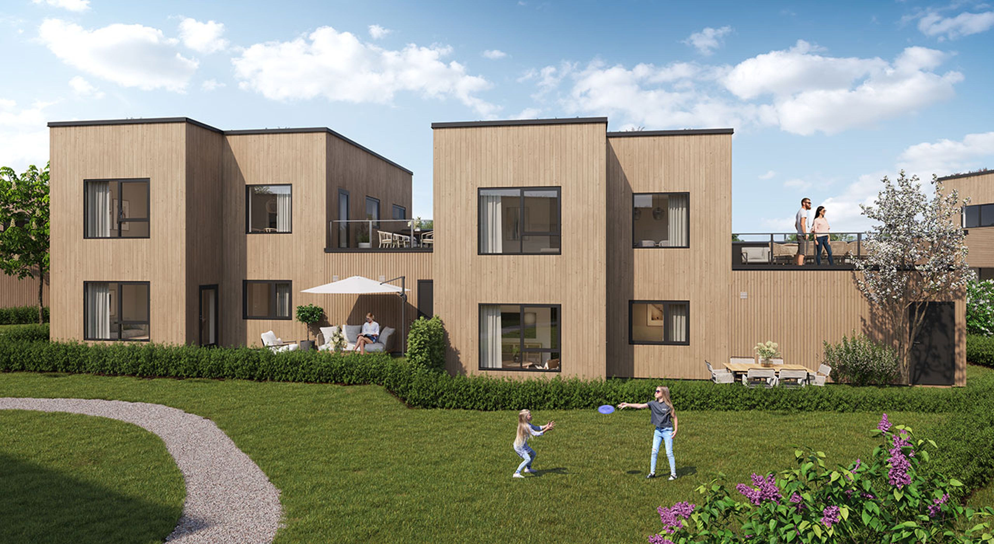 Illustrasjon av hagesiden av kjedet enebolig, hus 70/71, på Drangsvann BKS14