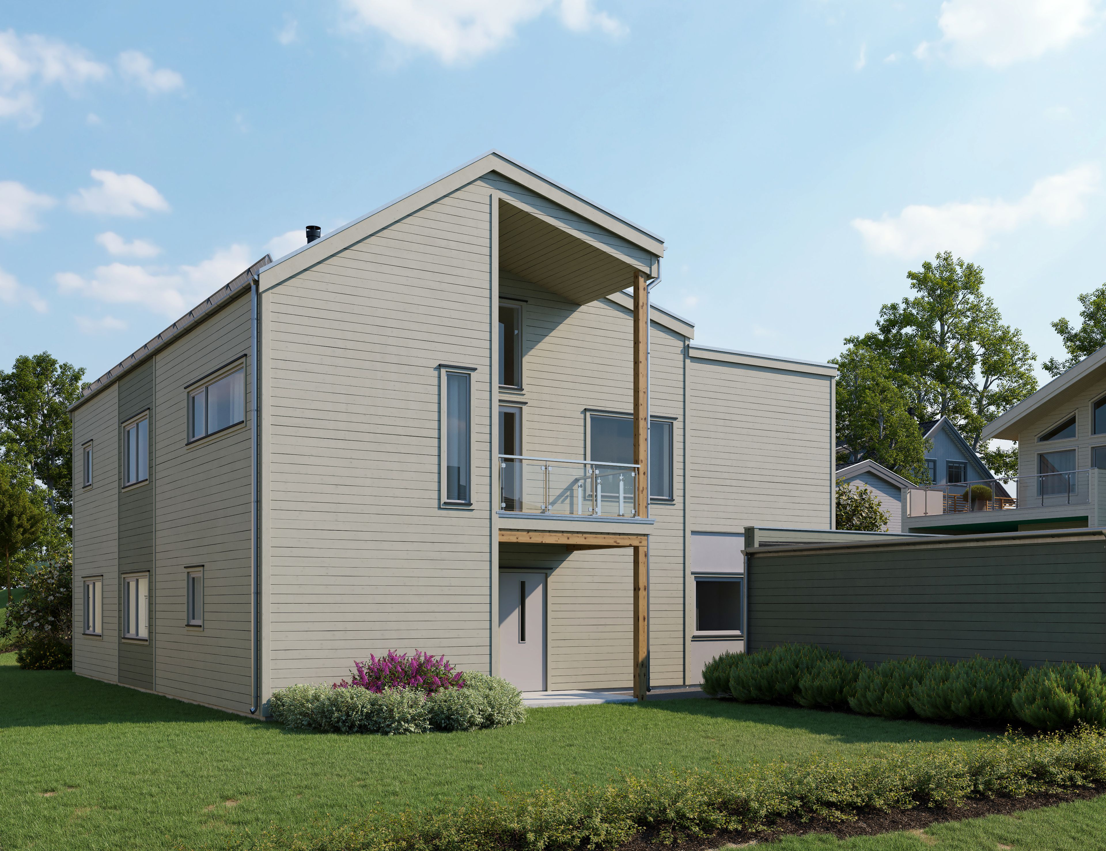 Illustrasjon av enebolig, hus 3, på Bjørnstad BF11. Sett fra inngangssiden.