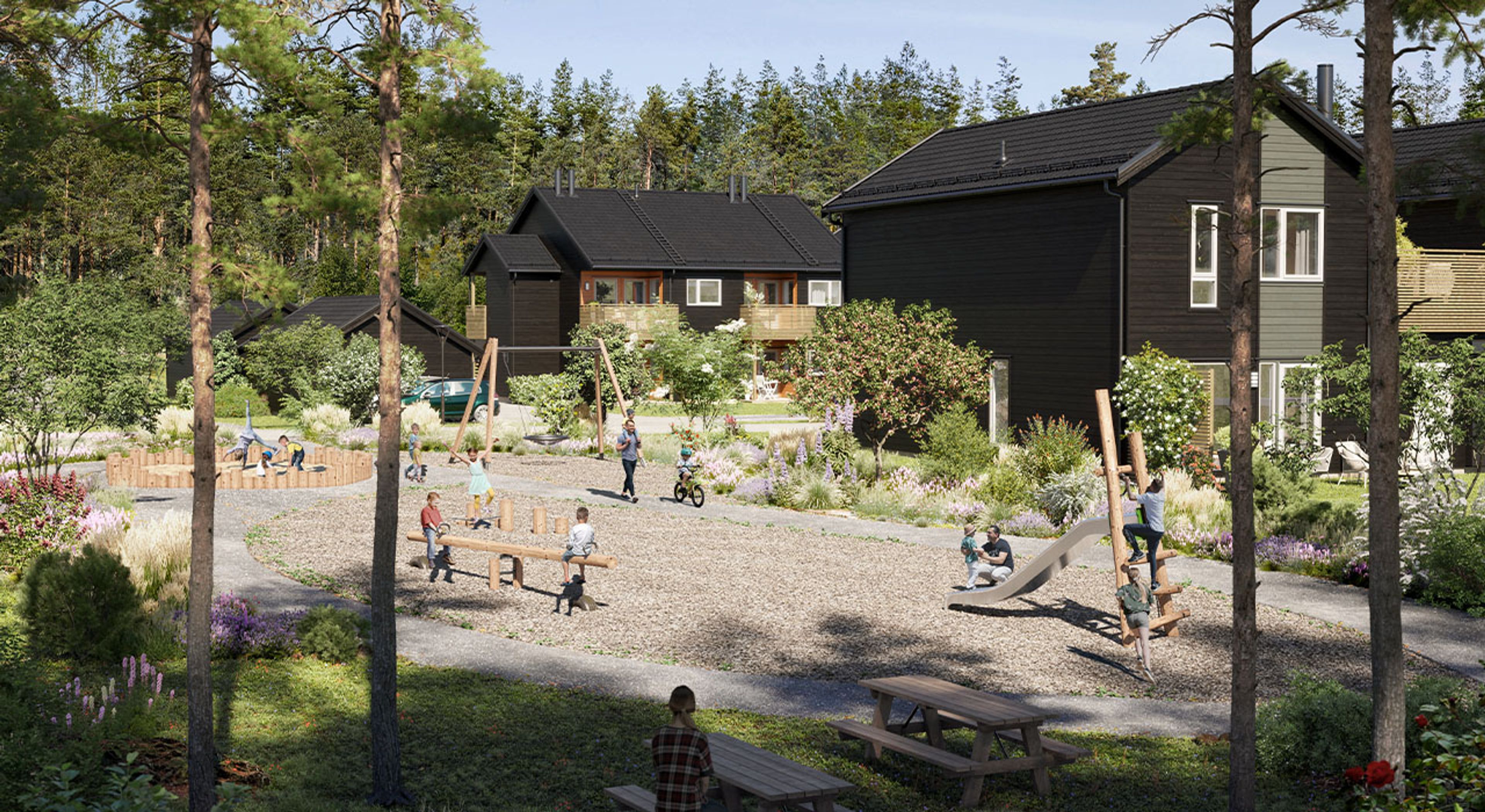 Illustrasjon av lekeplass ved siden av husene på Bergermoen og barn leker