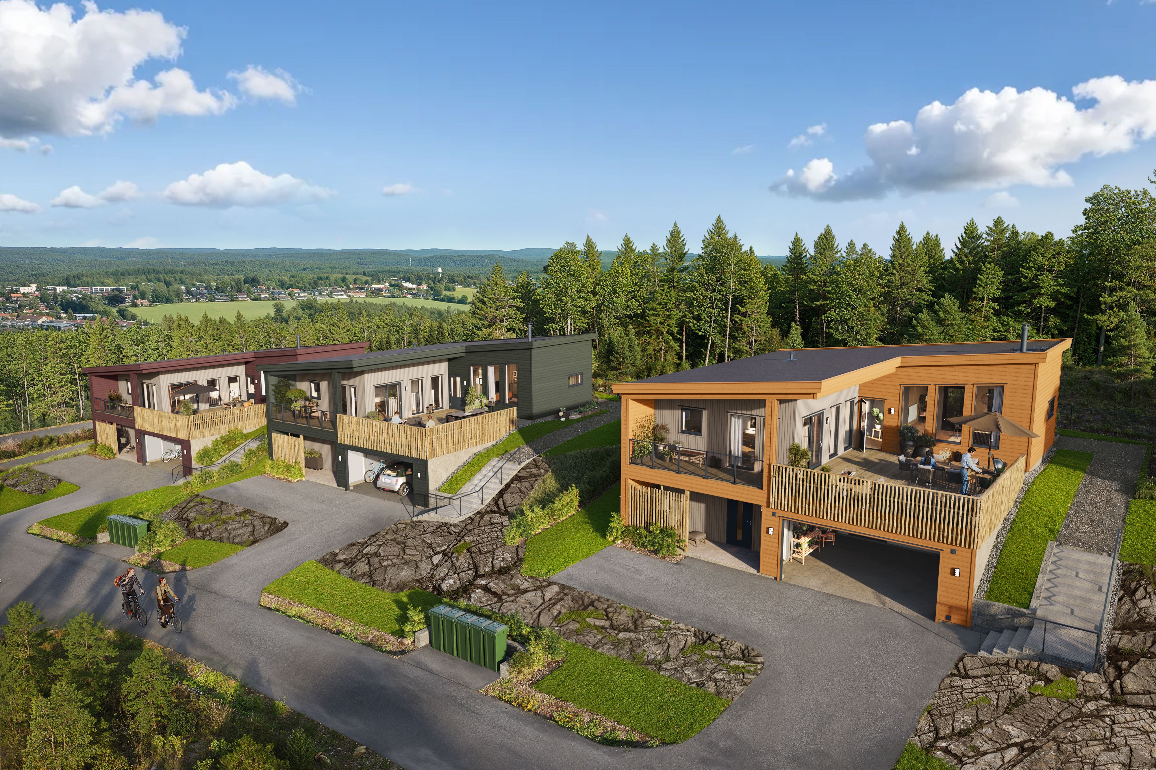 Illustrasjon av frittliggende eneboliger, hus 1 til 3, på Strømnesåsen