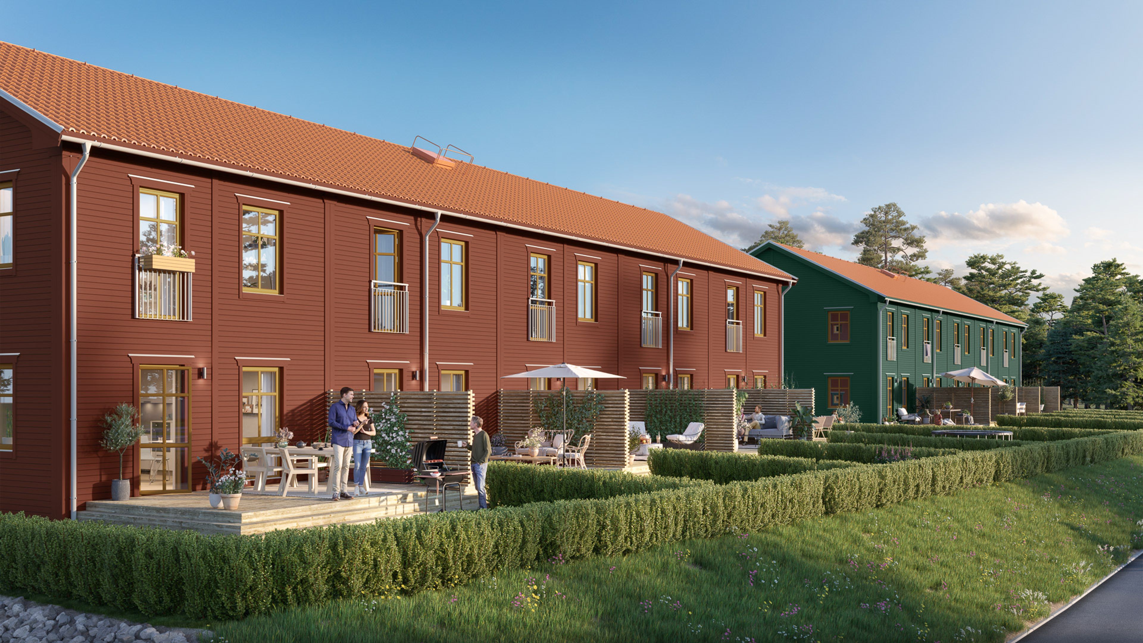 röda trähus med altan