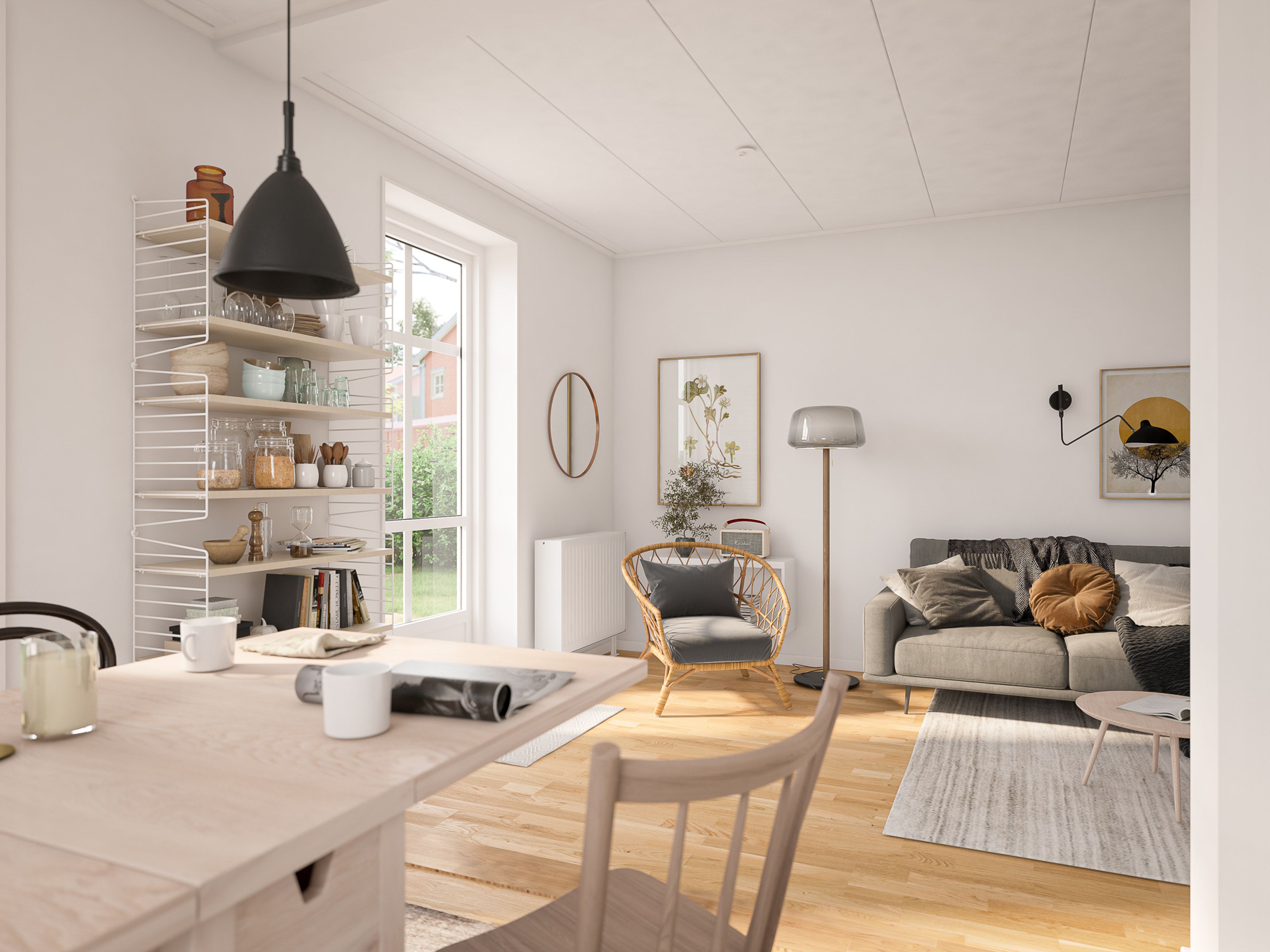 Illustration av vardagsrum i anslutning till matplats