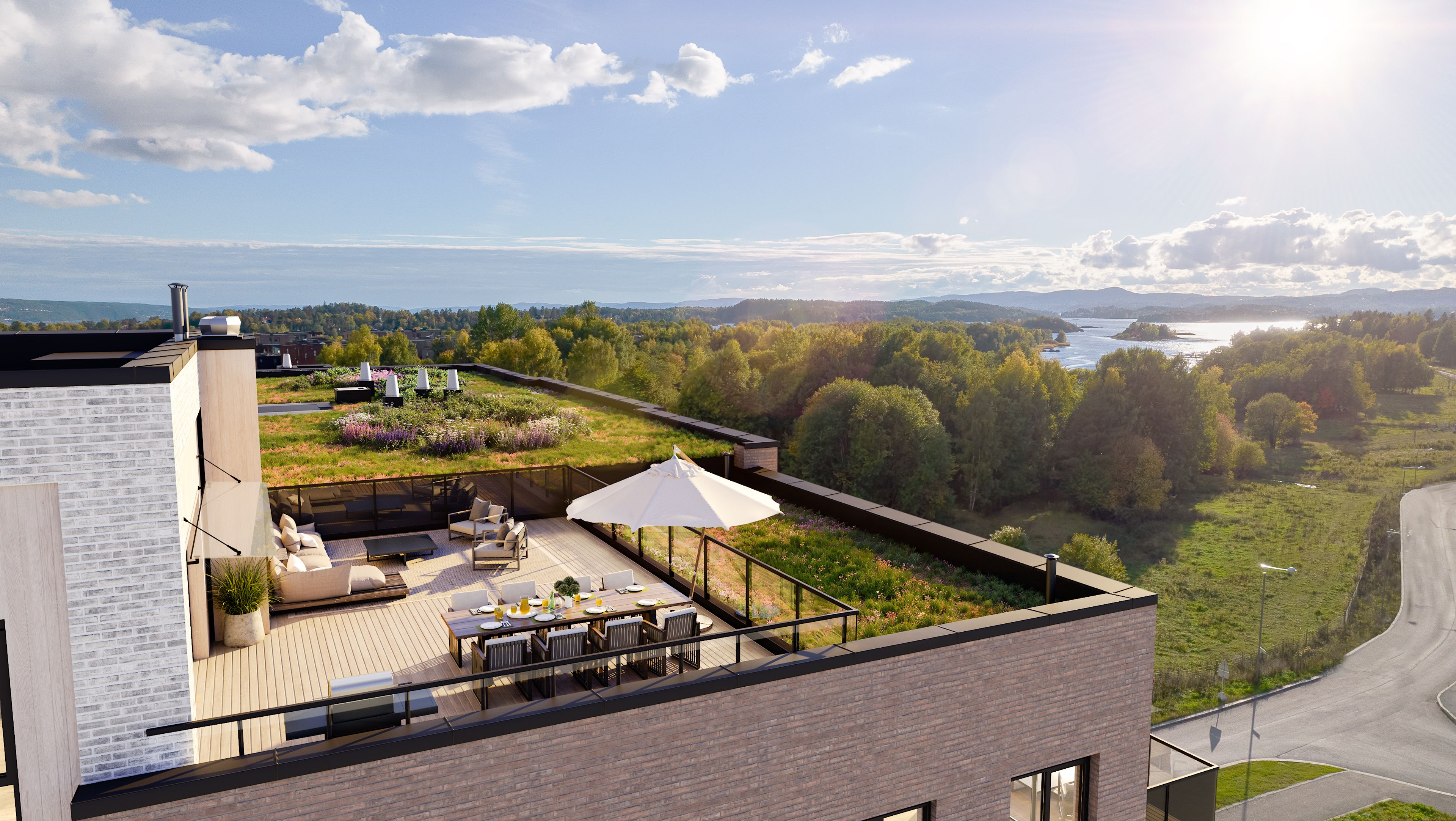 Illustrasjon av takterrasse i Kvartal 4 og fantastisk utsikt mot fjorden.