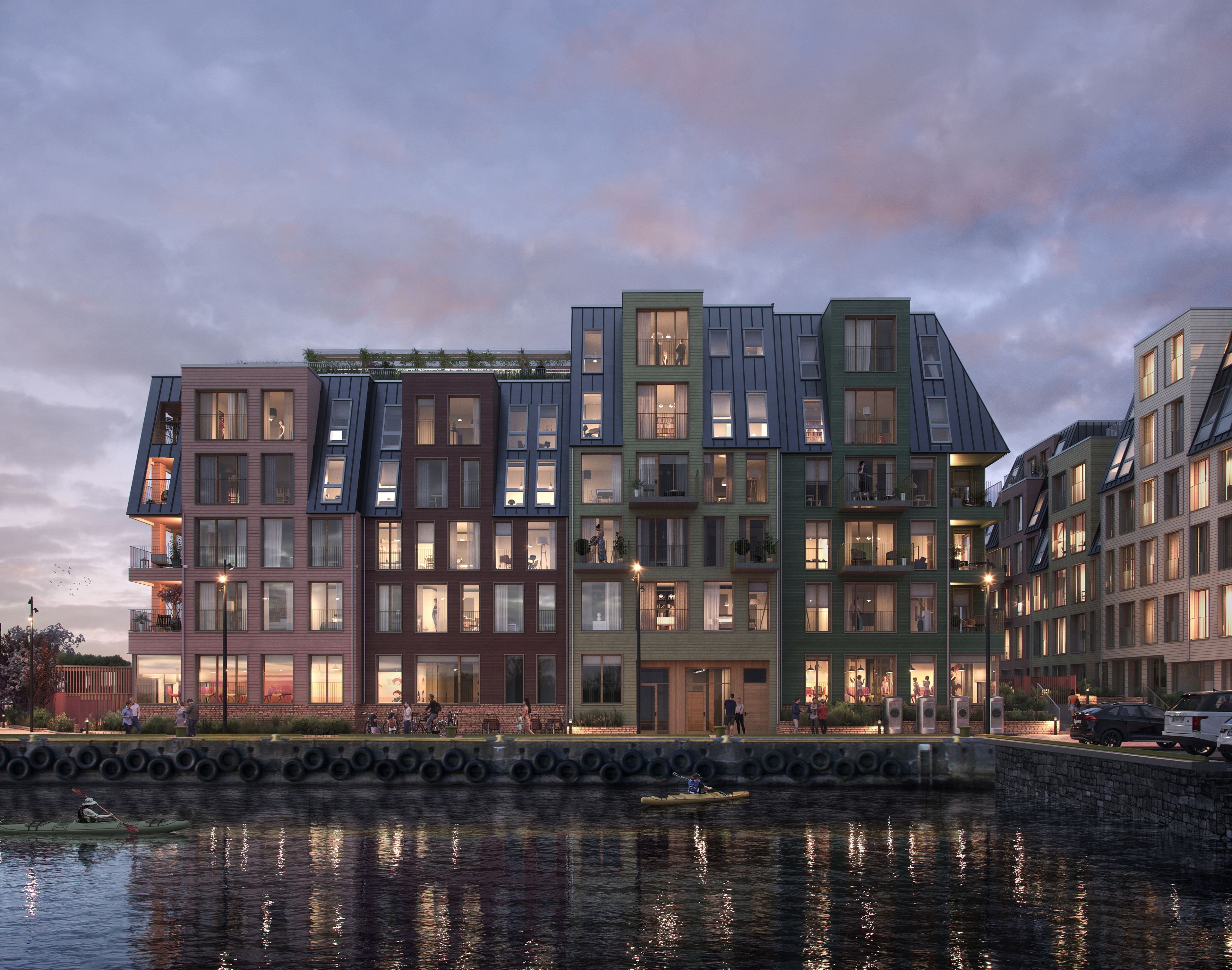 Illustrasjon av fasade på leilighetsbygg på Nøstebukten brygge, sett fra sjøen