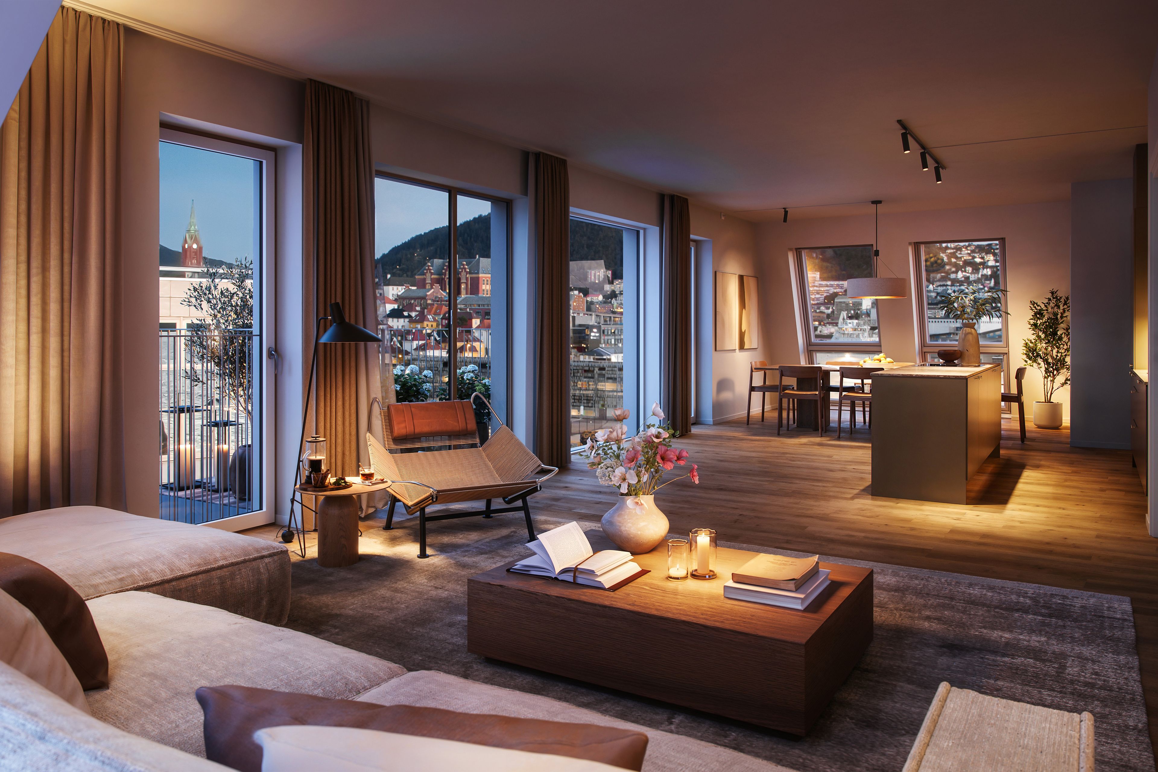 Illustrasjon av stue, spisestue og kjøkken, i leilighet på Nøstebukten brygge