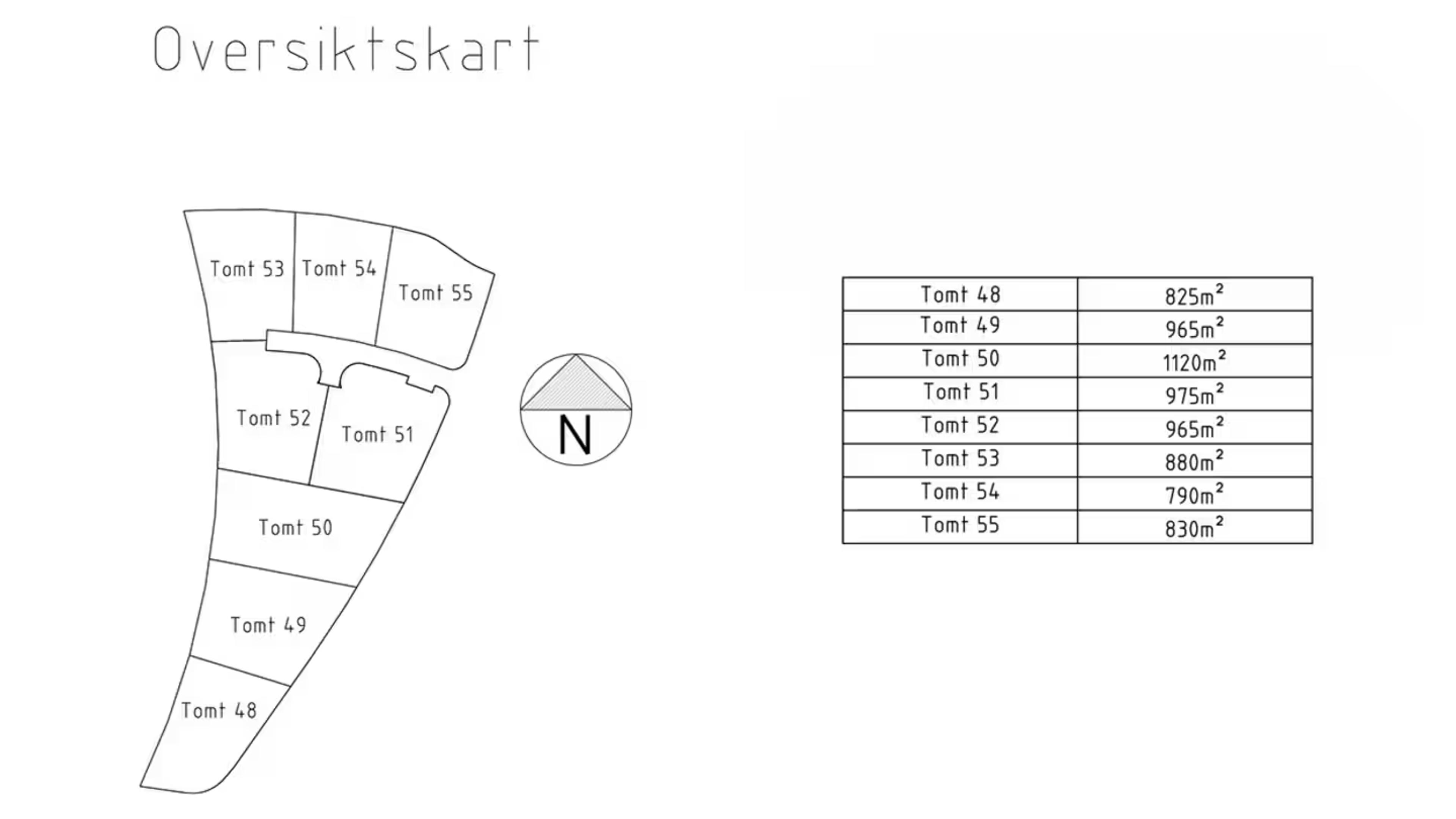 Illustrert oversiktskart over tomtene på Strømnesåsen, med inndeling og nummerering.