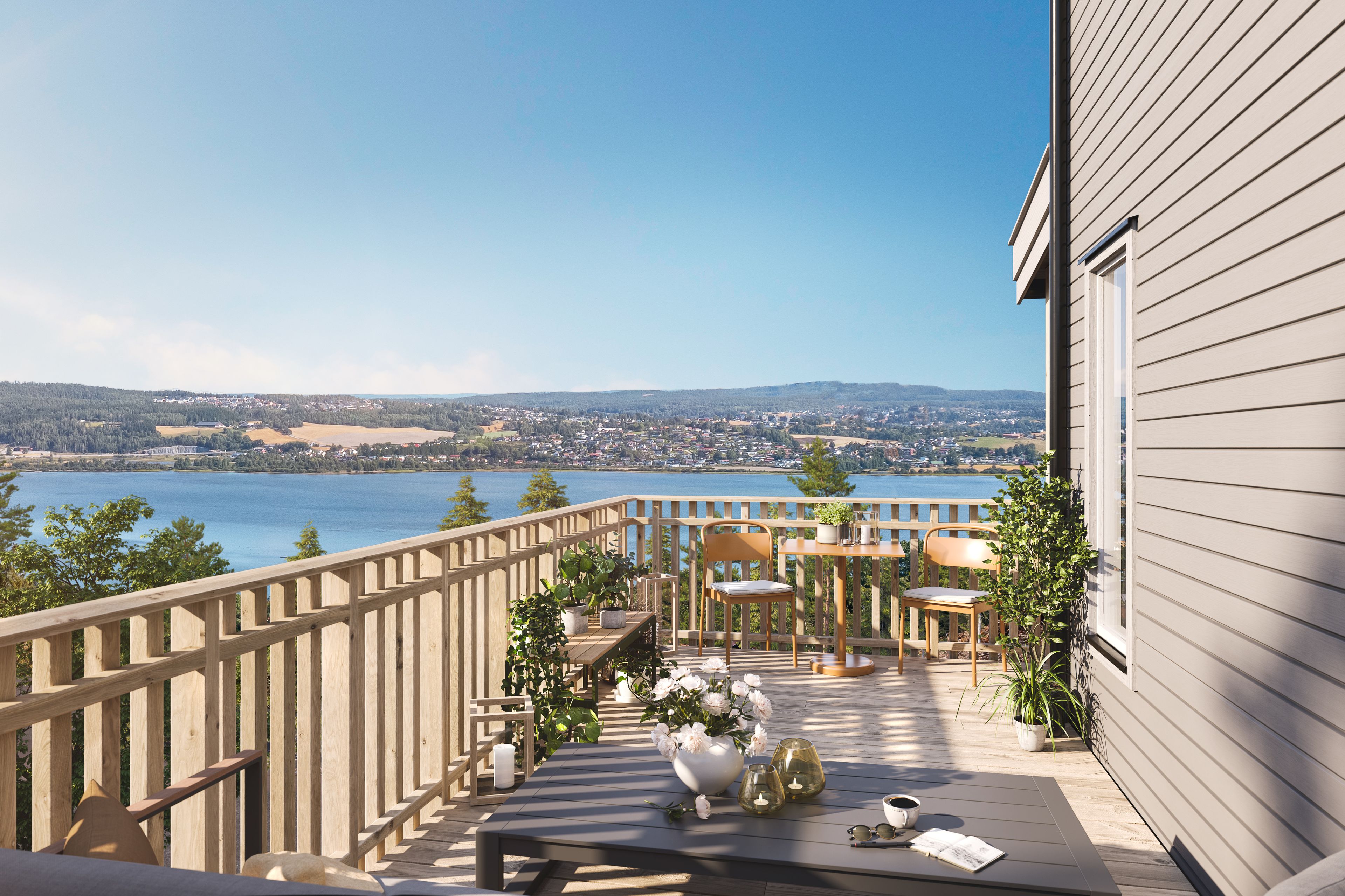 Illustrasjon av terrasse i tomannsbolig, hus 23, på Marikollåsen BKS5