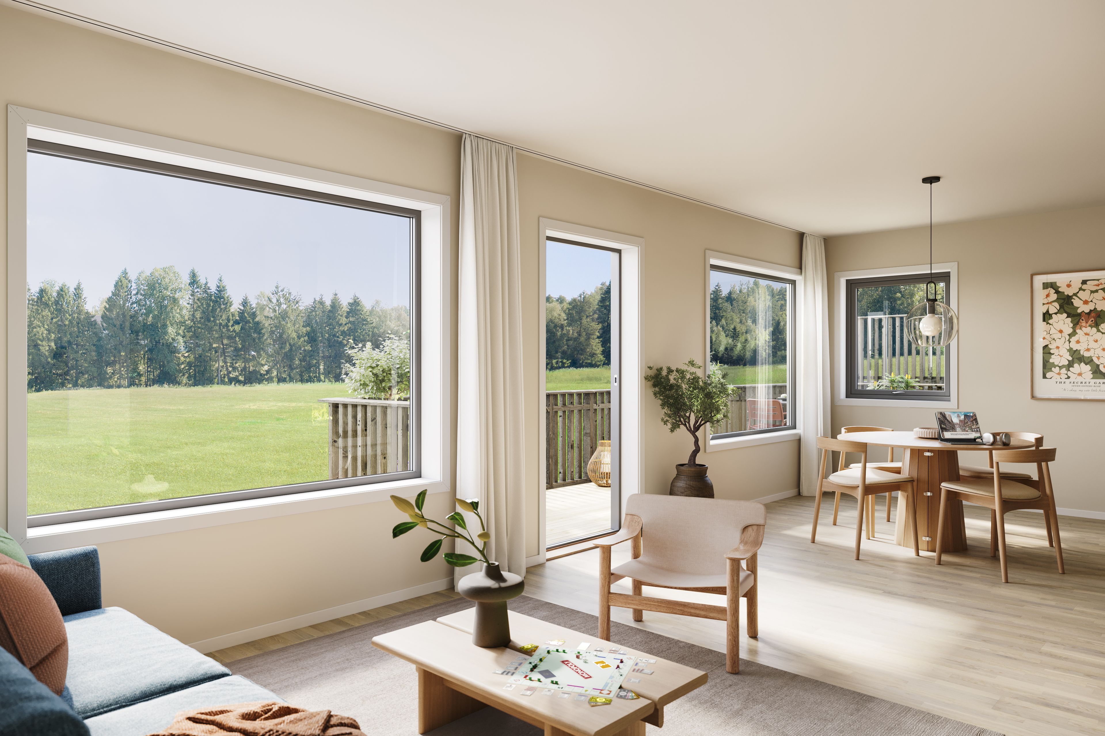 Illustrasjon av stue og terrasse i enebolig i kjede, hus 51, på Firenga