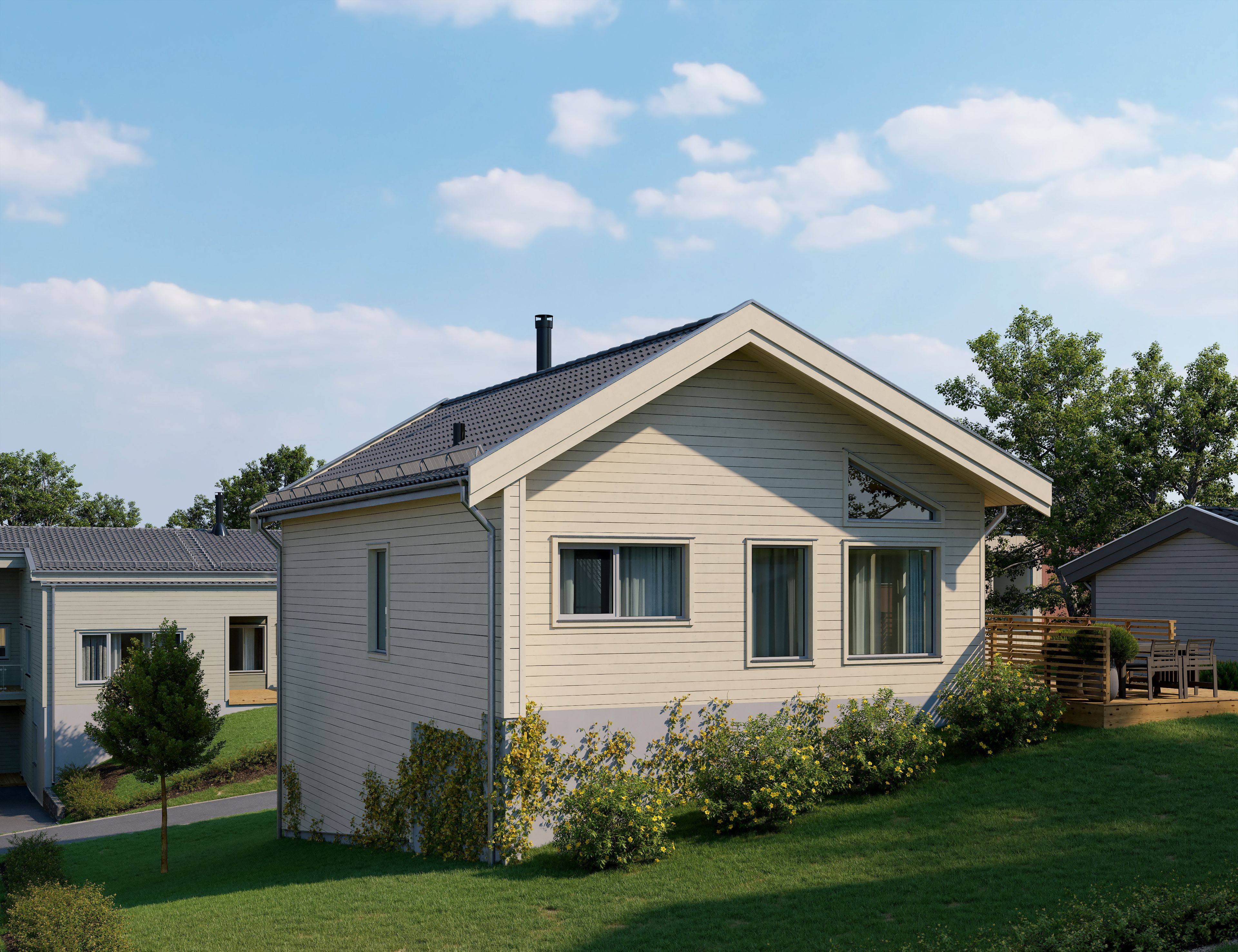Illustrasjon av enebolig, hus 2, på Bjørnstad BF11. Sett fra hagesiden.
