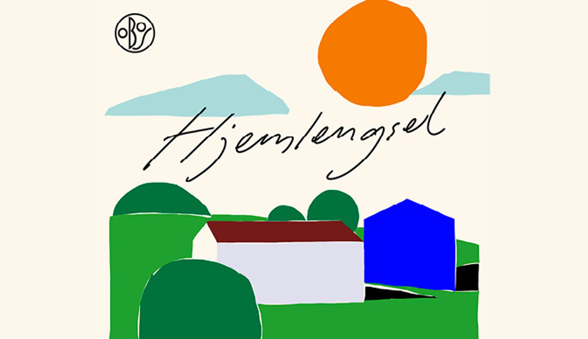 Coverbilde for podcasten Hjemlengsel. Illustrasjon viser hus og landskap.