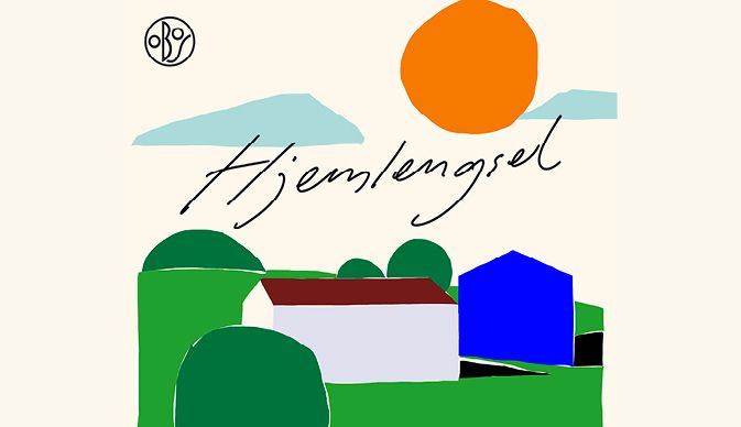 Coverbilde for podcasten Hjemlengsel. Illustrasjon viser hus og landskap.