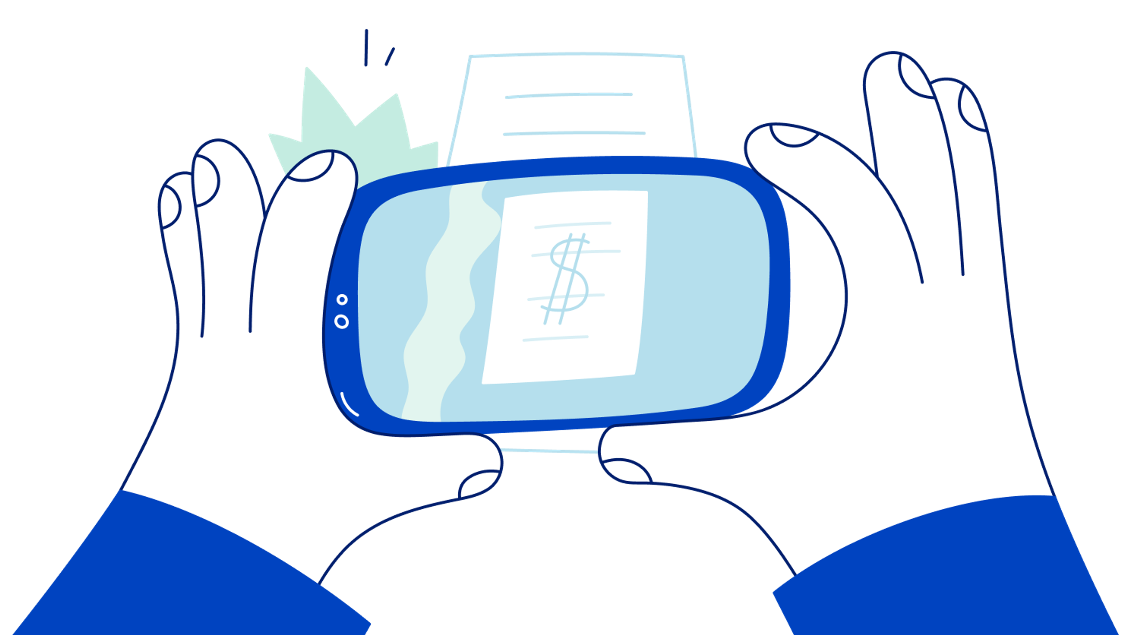 Illustrasjon av to hender som holder i en mobiltelefon med finansieringsbevis.