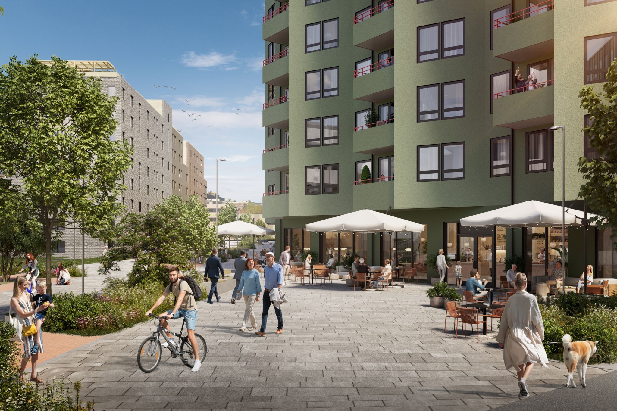 Illustrasjon av bygulvet på Ulven med mennesker ute