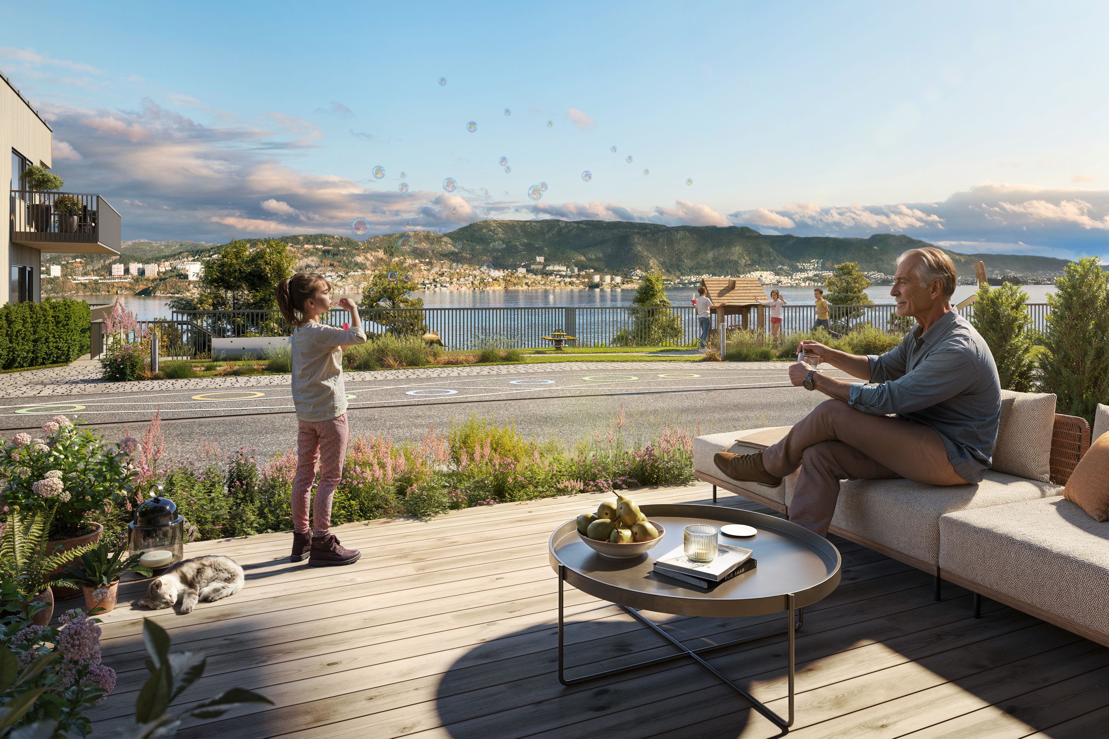 Illustrasjon av markterrasse, i leilighet i hus B, på Byfjordporten.