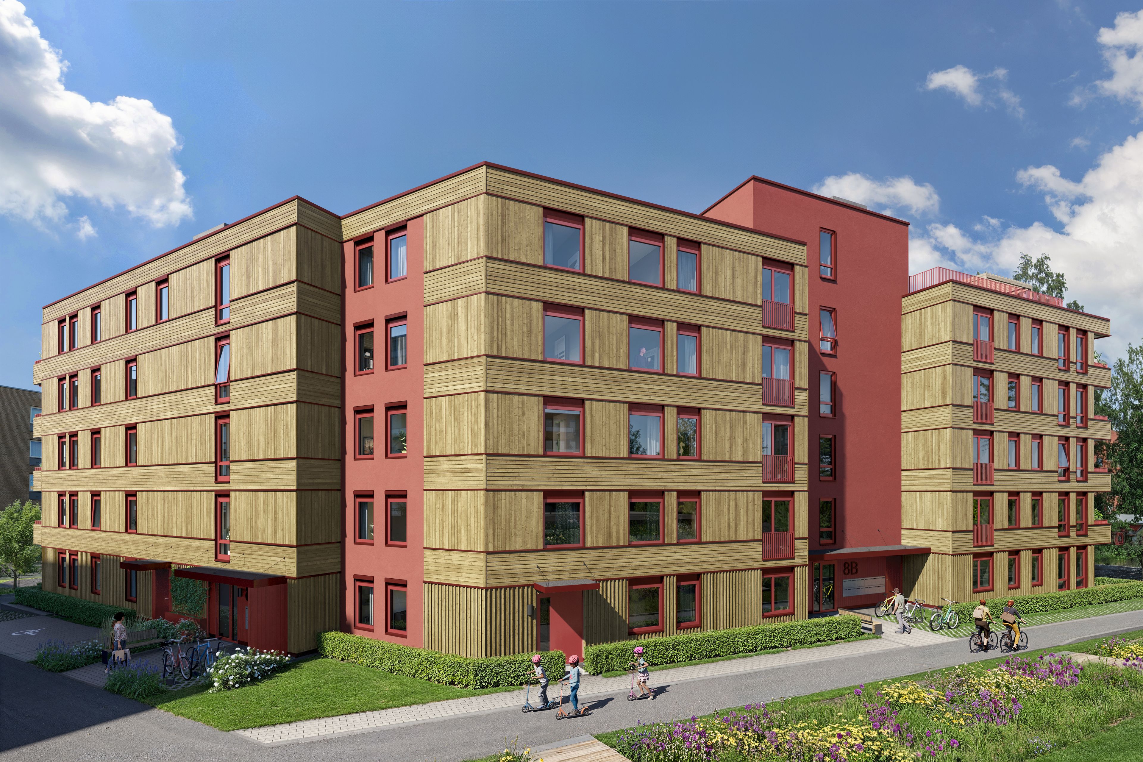 Illustrasjon av leilighetshetskompleks på Ensjøkroen sett fra siden, med sykkelsti og inngangsparti.