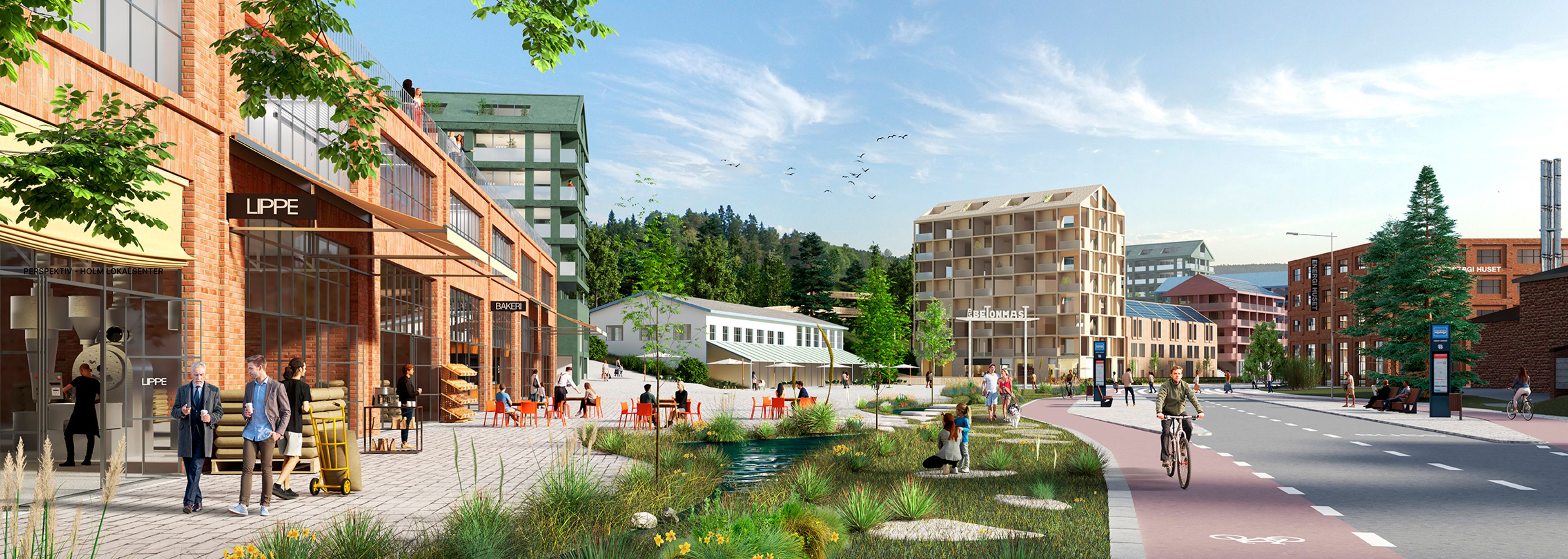 Illustrasjon og forslag fra Ghilardi+Hellsten Arkitekter for lokalsenteret på Rosenholm.