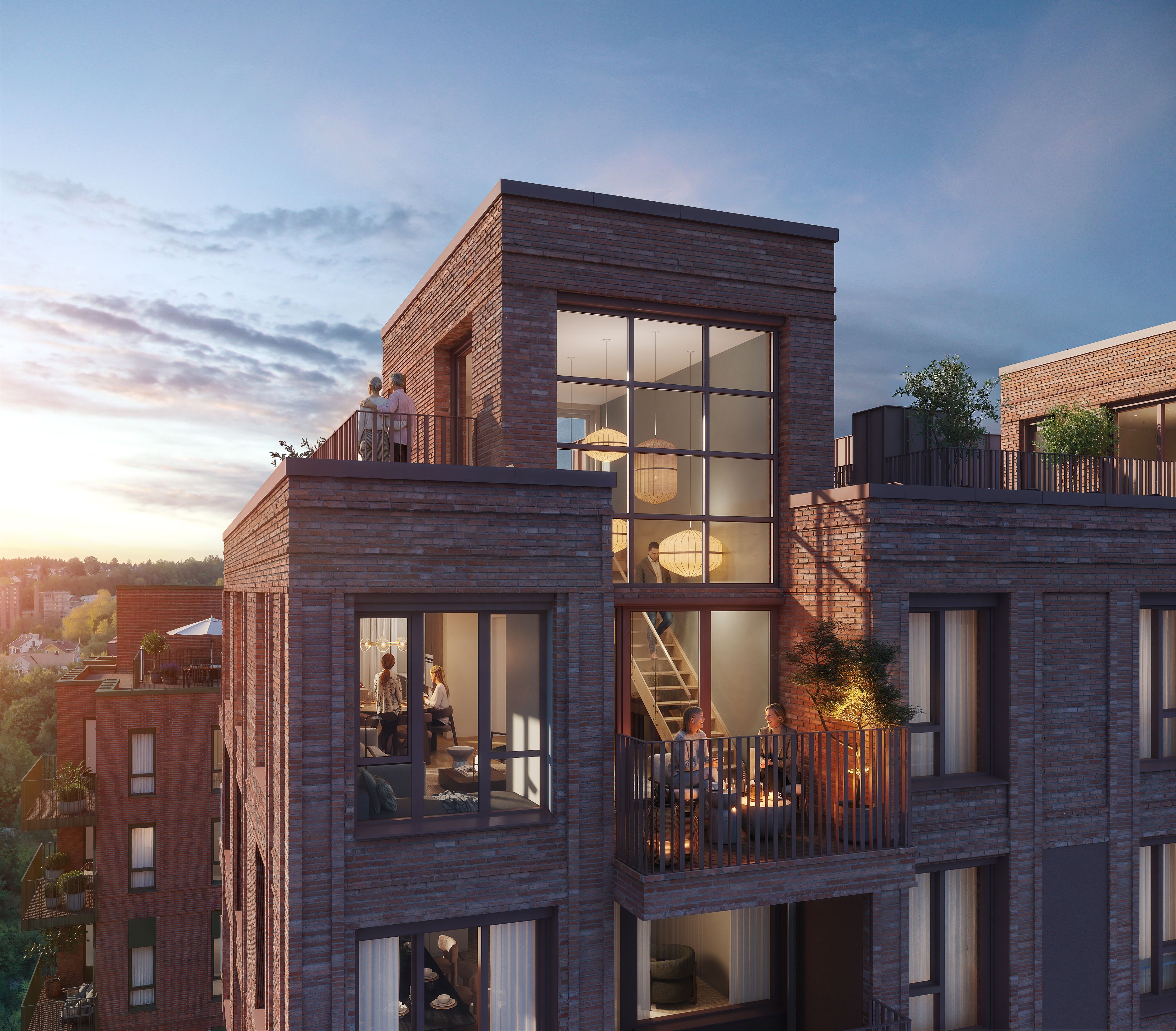 Illustrasjon av en gjennomskåret toppleilighet i Versalen, Trykkeriet Nydalen, med utsikt fra takterrassen over Oslo.