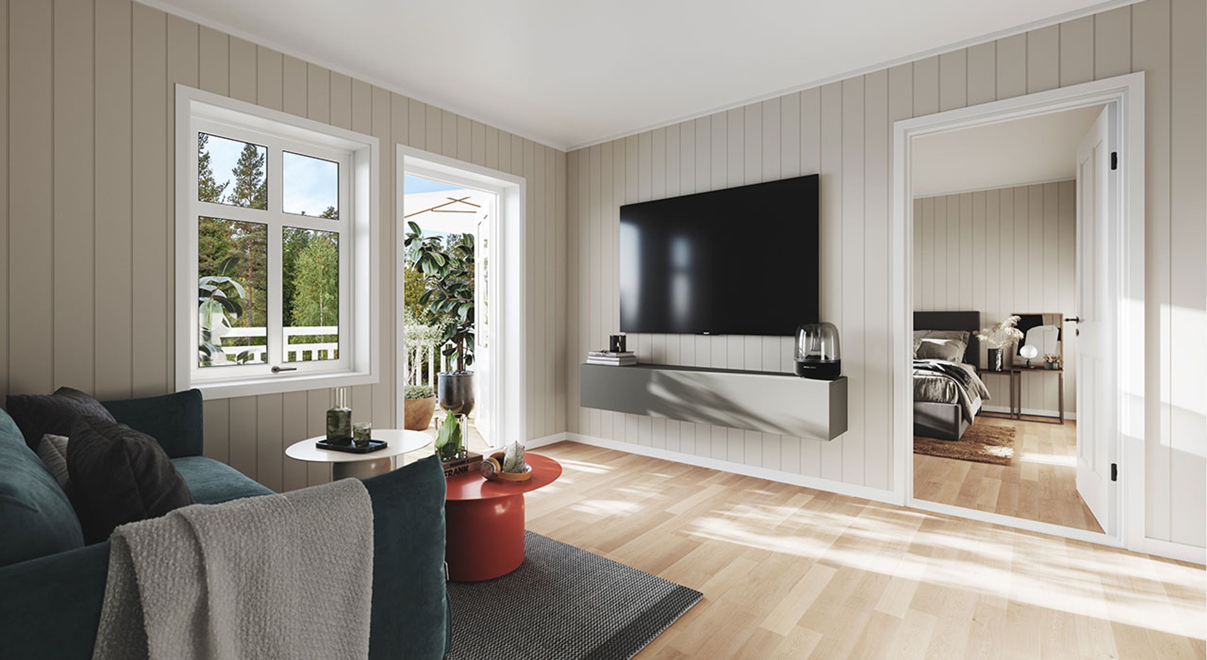 Illustrasjon av TV-stue i enebolig på Langerudberget BFS3