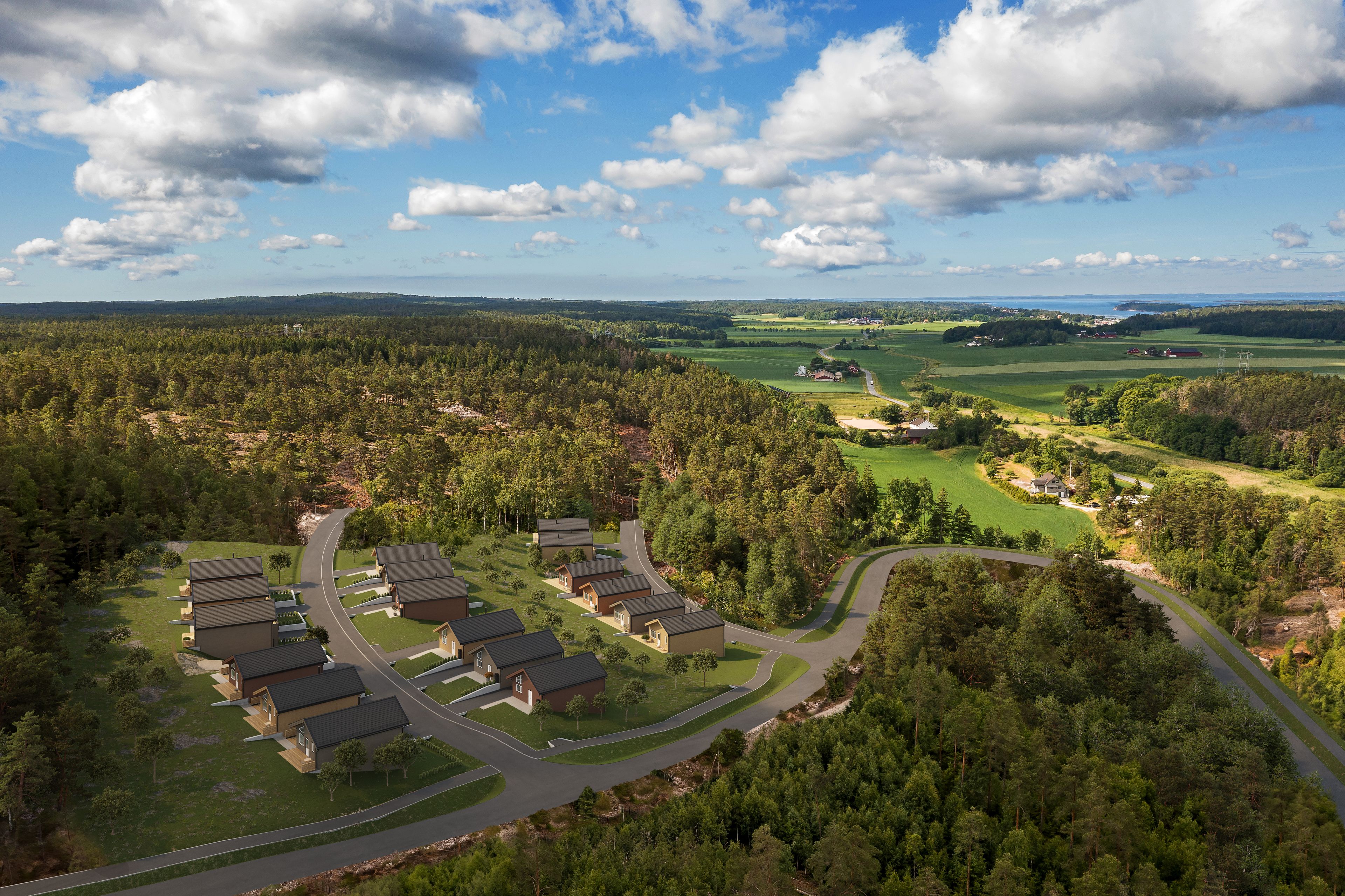 Illustrasjon av eneboliger i kjede på Strømnesåsen, med landskap i bakgrunnen