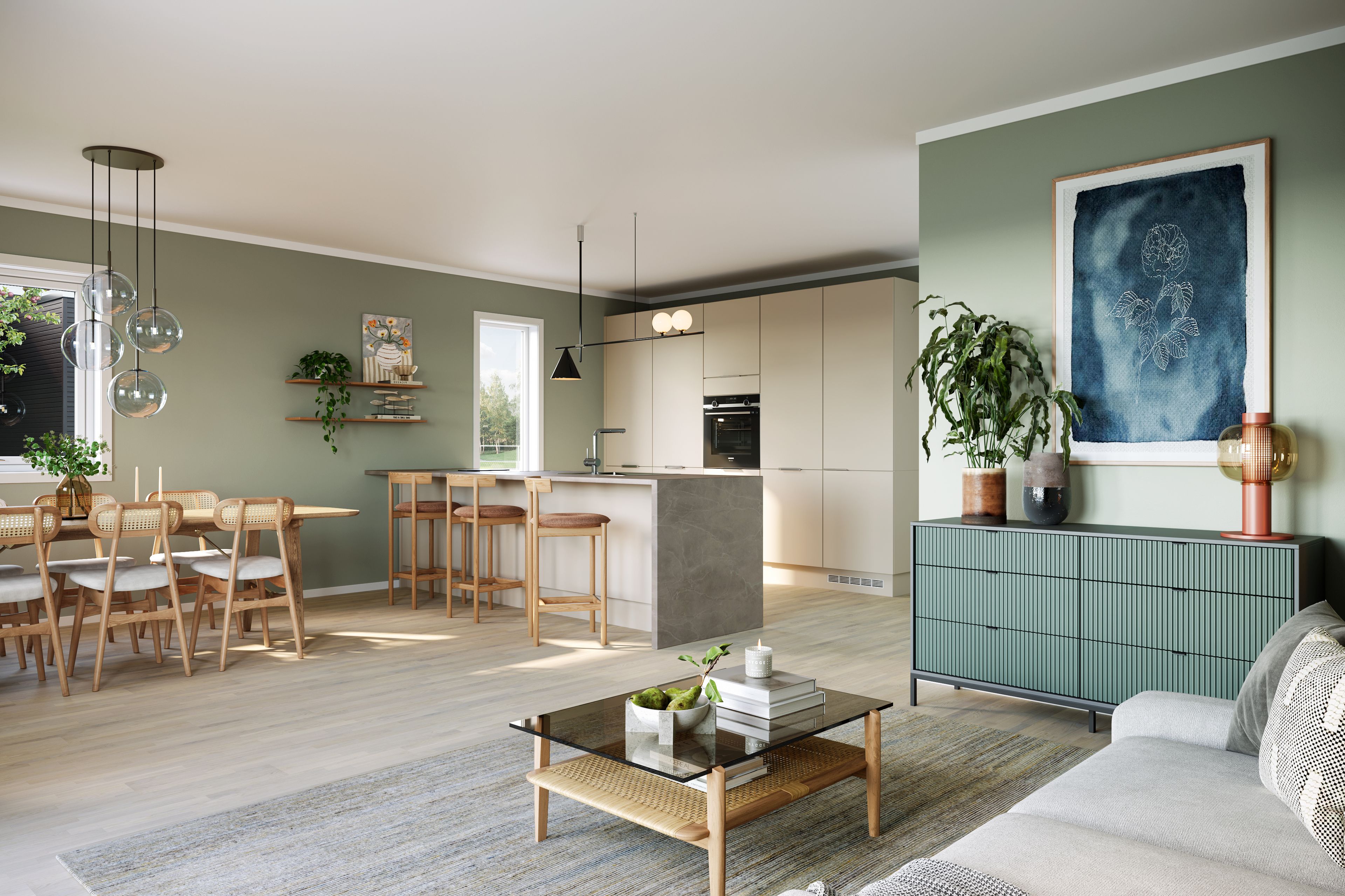 Illustrasjon av stue mot kjøkken i tomannsbolig, hus 14, i boligprosjektet Lundheim Hage, Ålesund