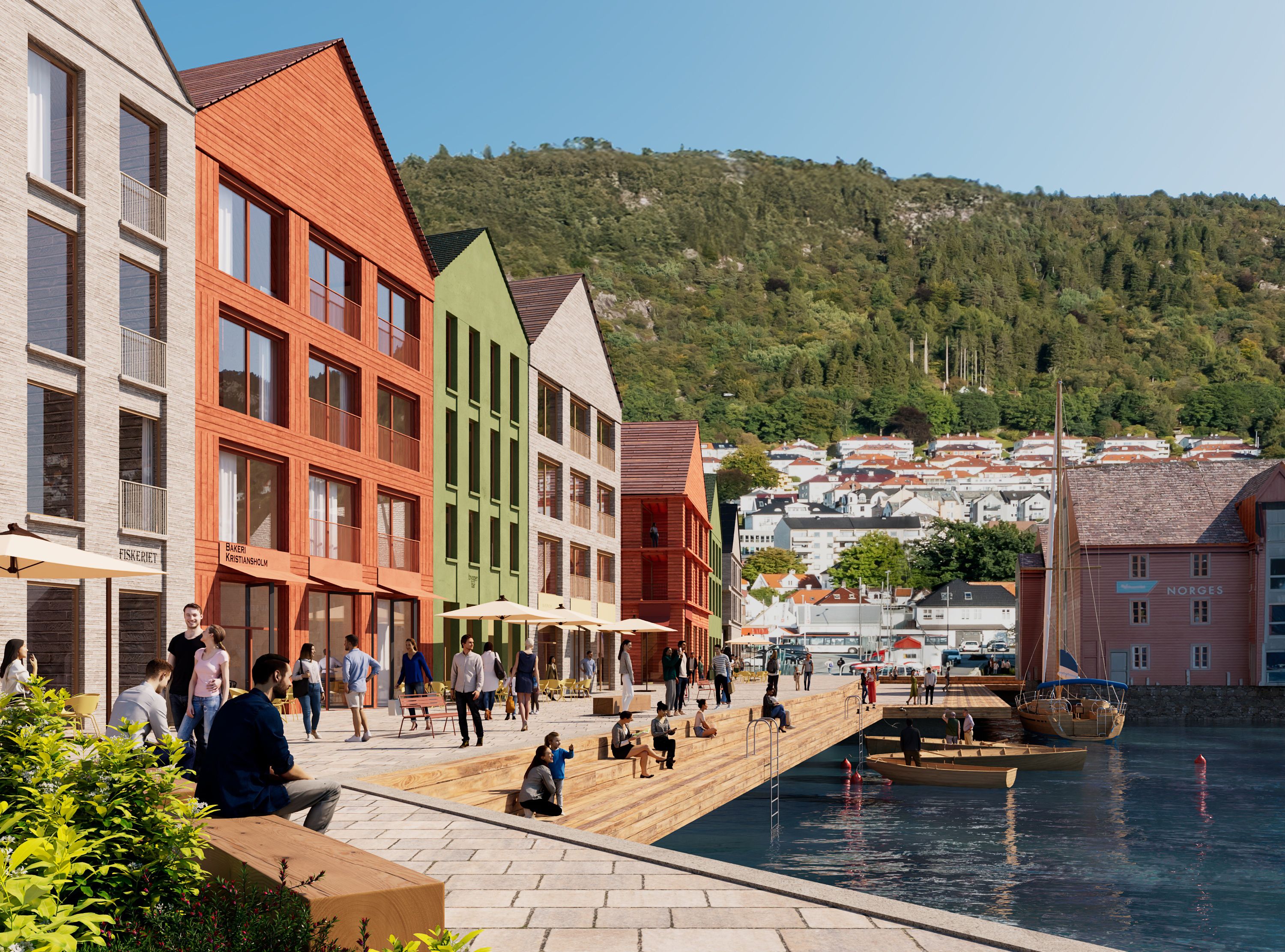 Illustrasjon av Kritiansholm i solskinnsvær med sine fargerike fasader