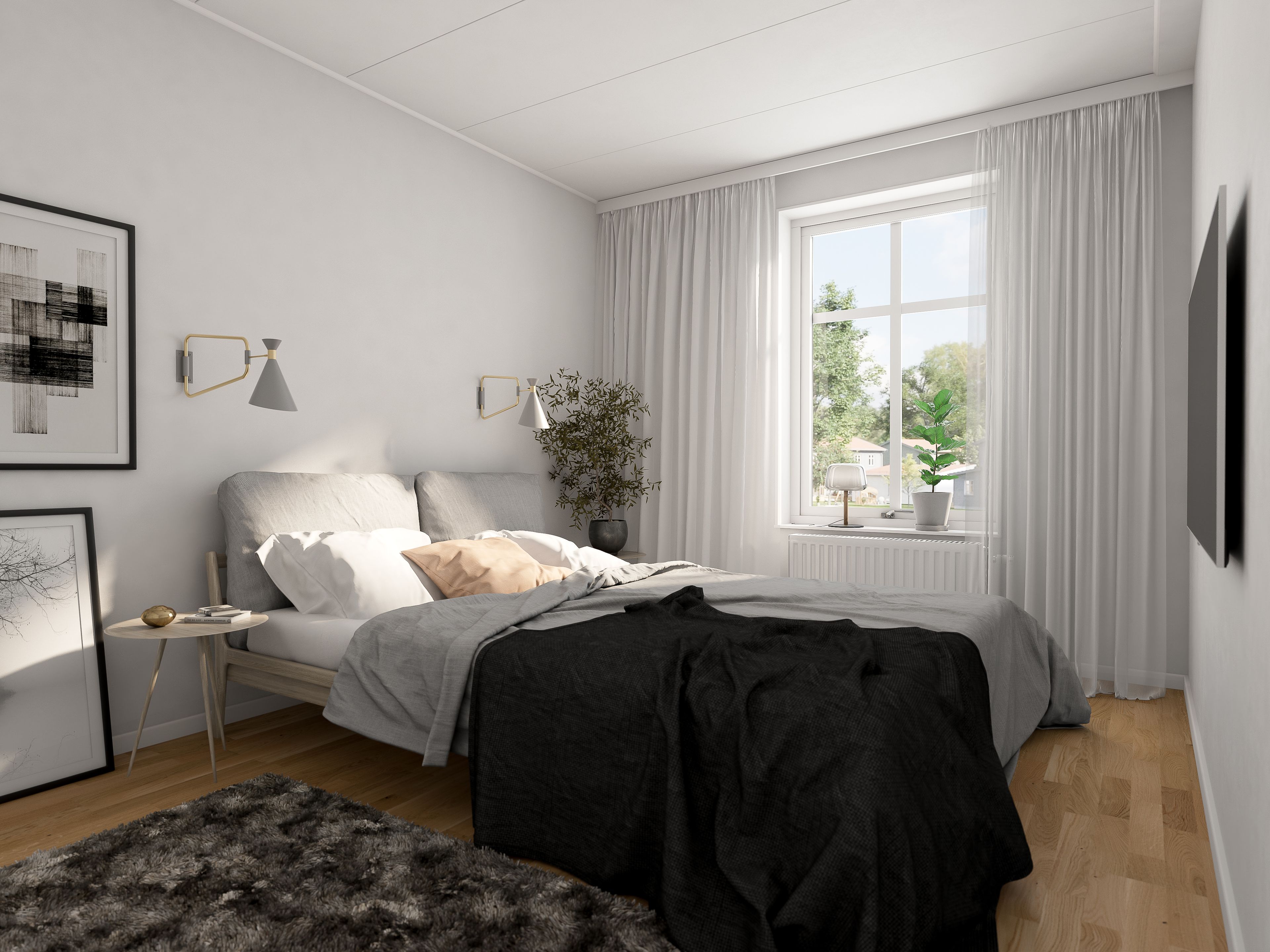 Illustration av sovrum med dubbelsäng