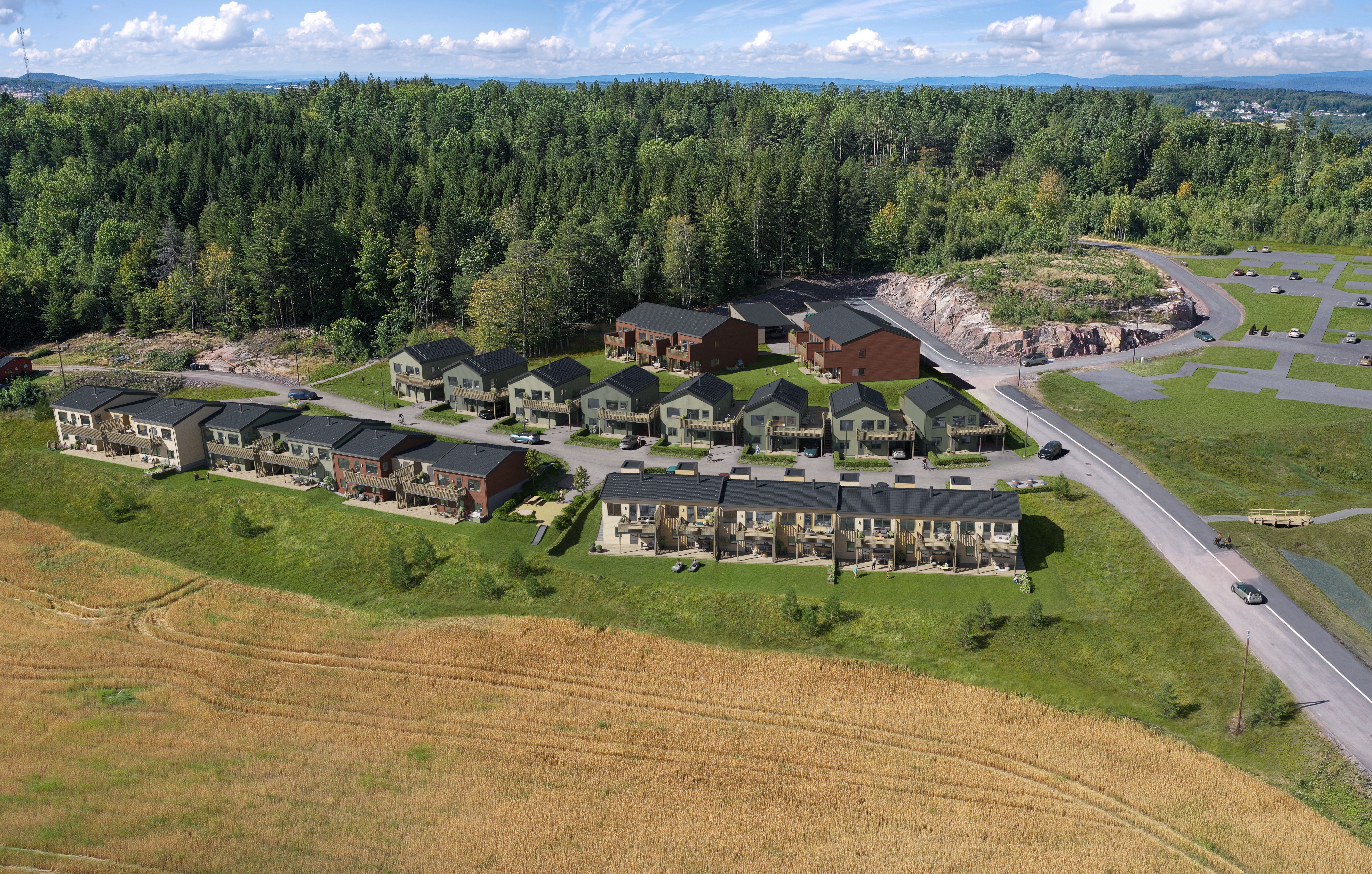Illustrasjon av boligfeltet B8-B9, mot vest, på Firenga