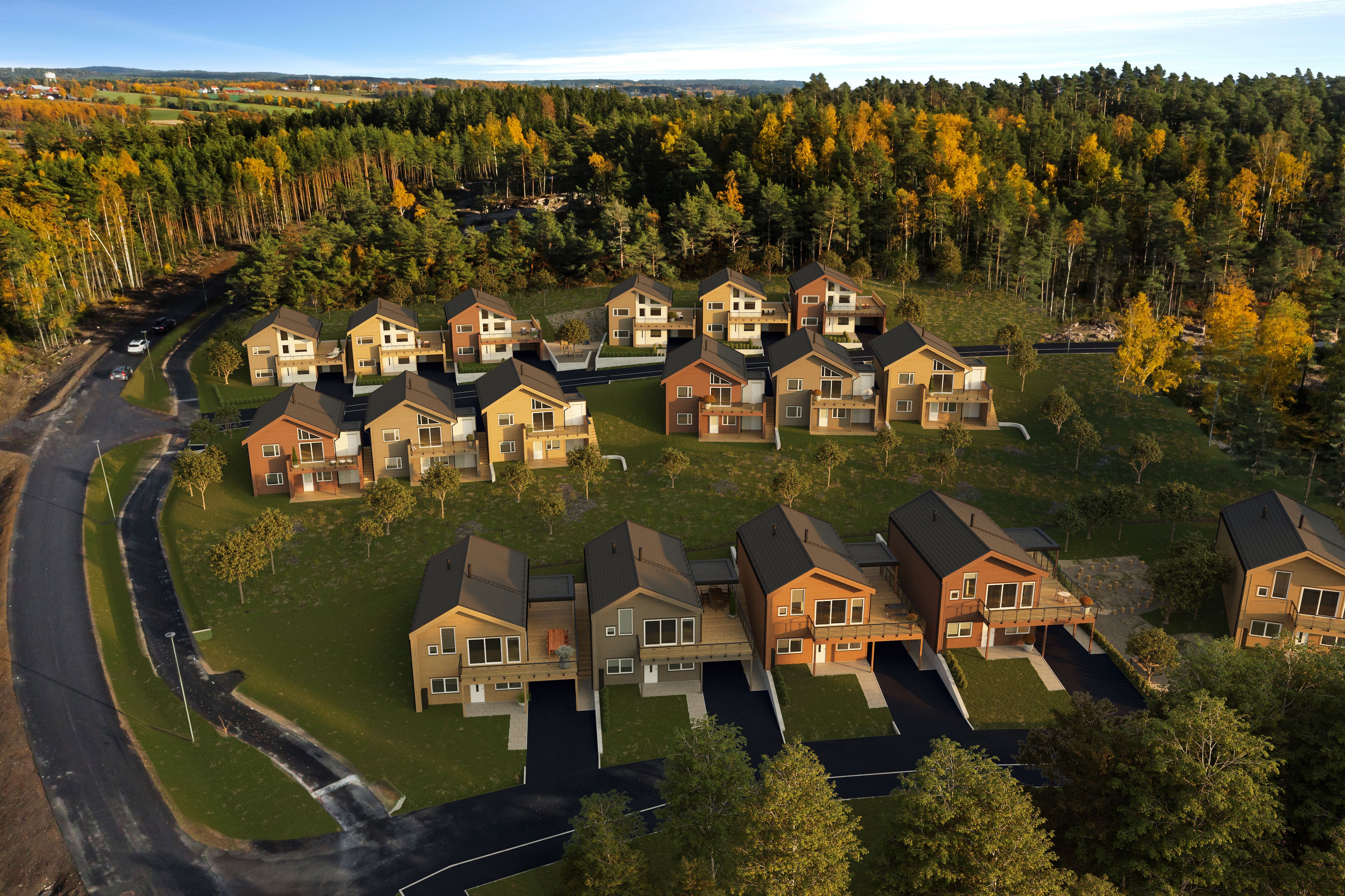 Illustrasjon av eneboliger i kjede, hus 1-18, på Strømnesåsen.